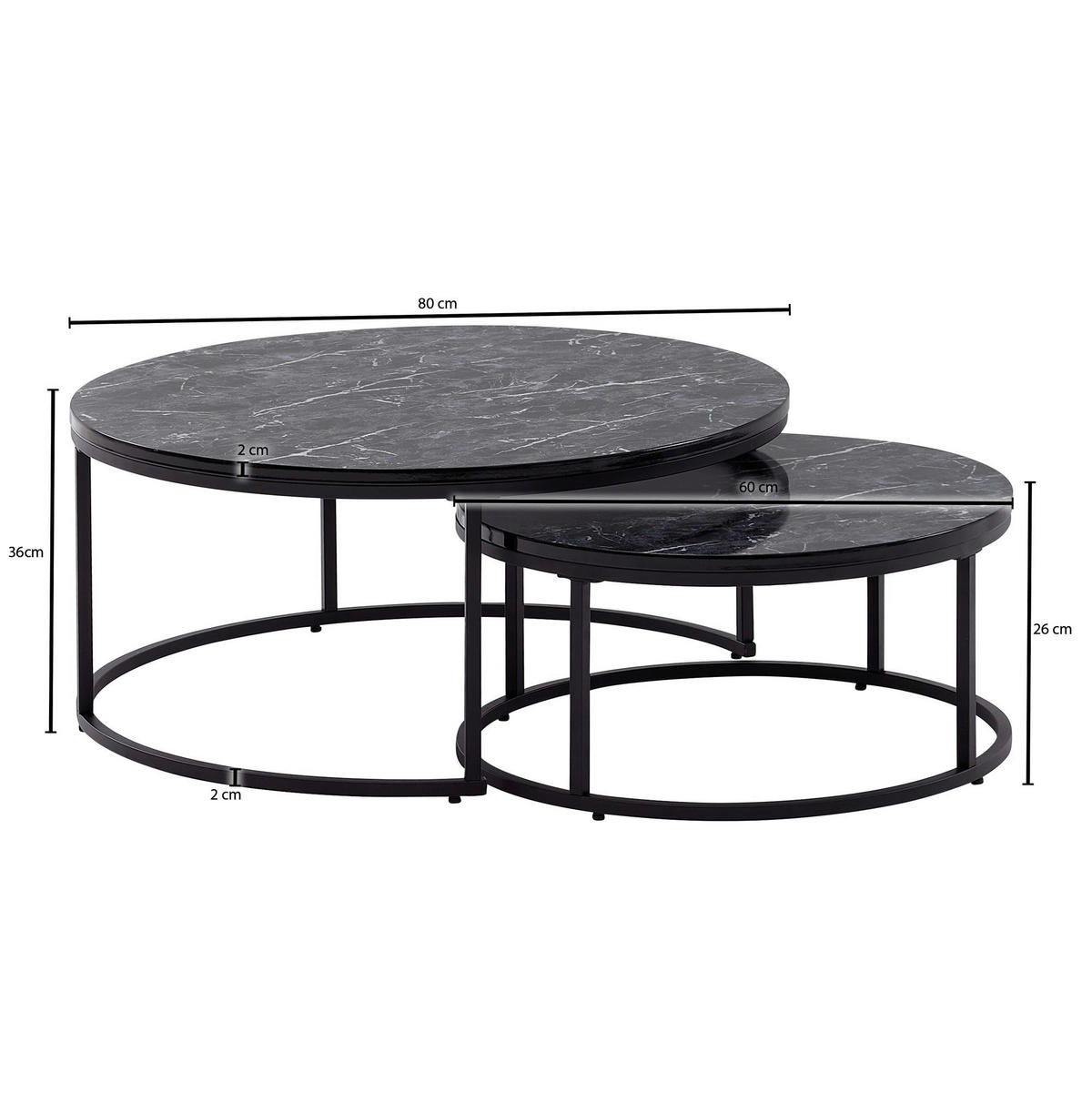 Couchtisch 2er-Set schwarz Marmor Optik schwarz lackiert 2er-Set - schwarz - Wohnling