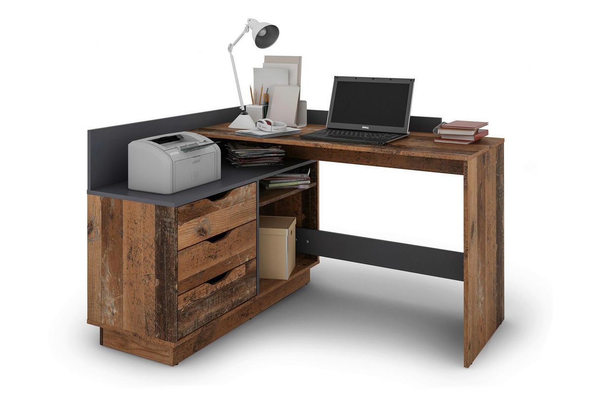 Winkelschreibtisch BELFAST anthrazit Eiche Old Wood Nachbildung B/H/T: ca. 129x83,5x105 cm BELFAST - Eiche/anthrazit (129,00/83,50/105,00cm) - byLIVING