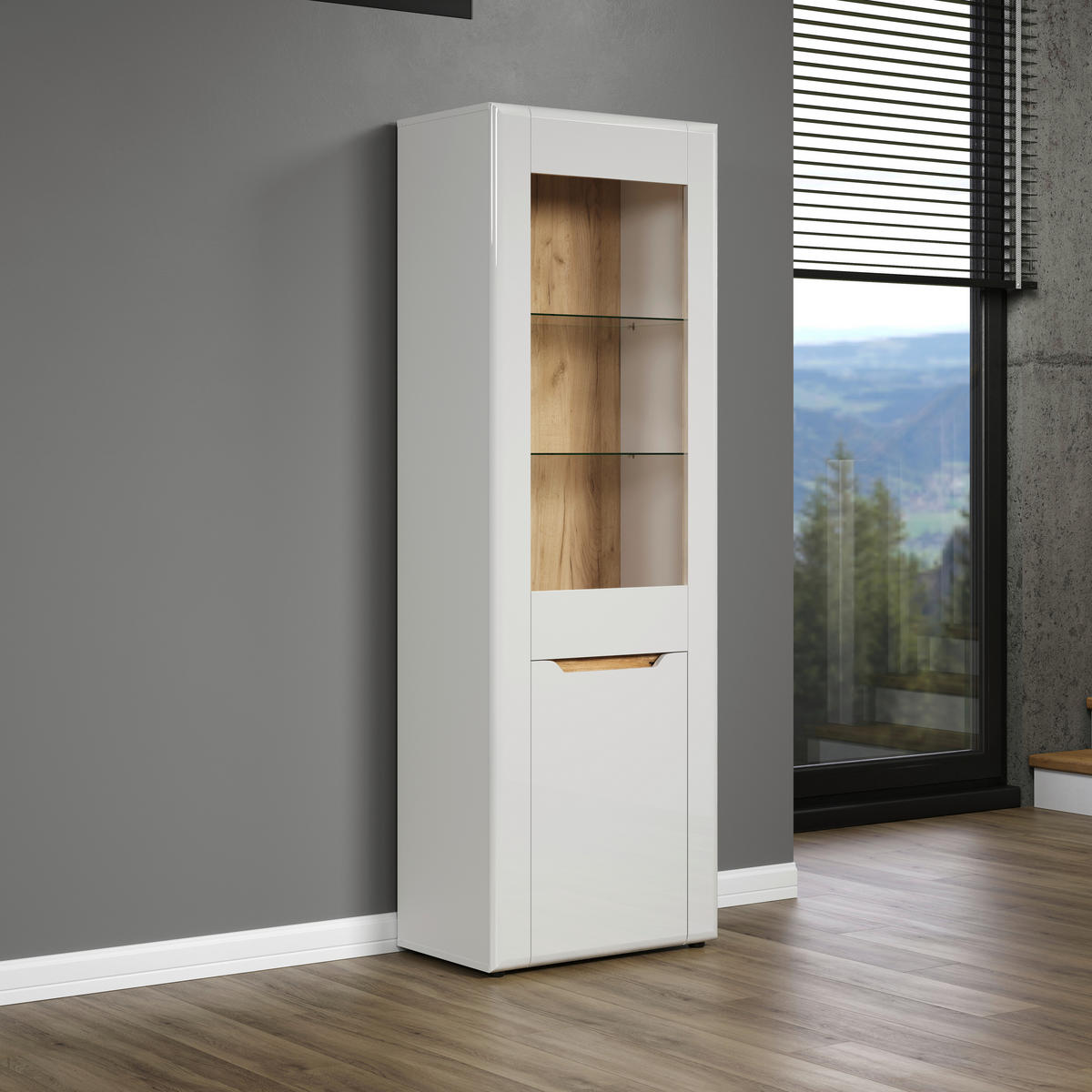 Vitrine Marlon Eiche Evoke Coast Nachbildung weiß Hochglanz B/H/T: ca. 65x192x40 cm Marlon - Eiche/weiß (65,00/192,00/40,00cm)