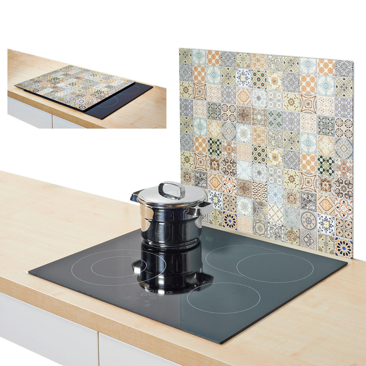 Zeller Herdblende-/Abdeckplatte Mosaik beige Glas B/H/L: ca. 50x0,8x56 cm Mosaik - beige/graublau (56,00/50,00/0,80cm) - Zeller