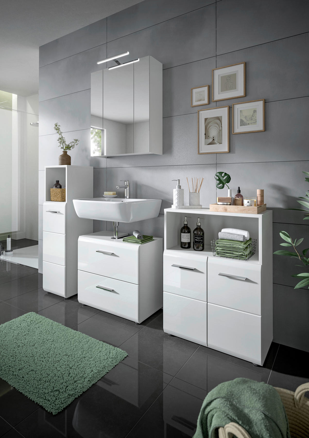 Badezimmer-Set ICE weiß weiß Hochglanz B/H/T: ca. 60x190x32 cm ICE - weiß (60,00/190,00/32,00cm) - xonox.home