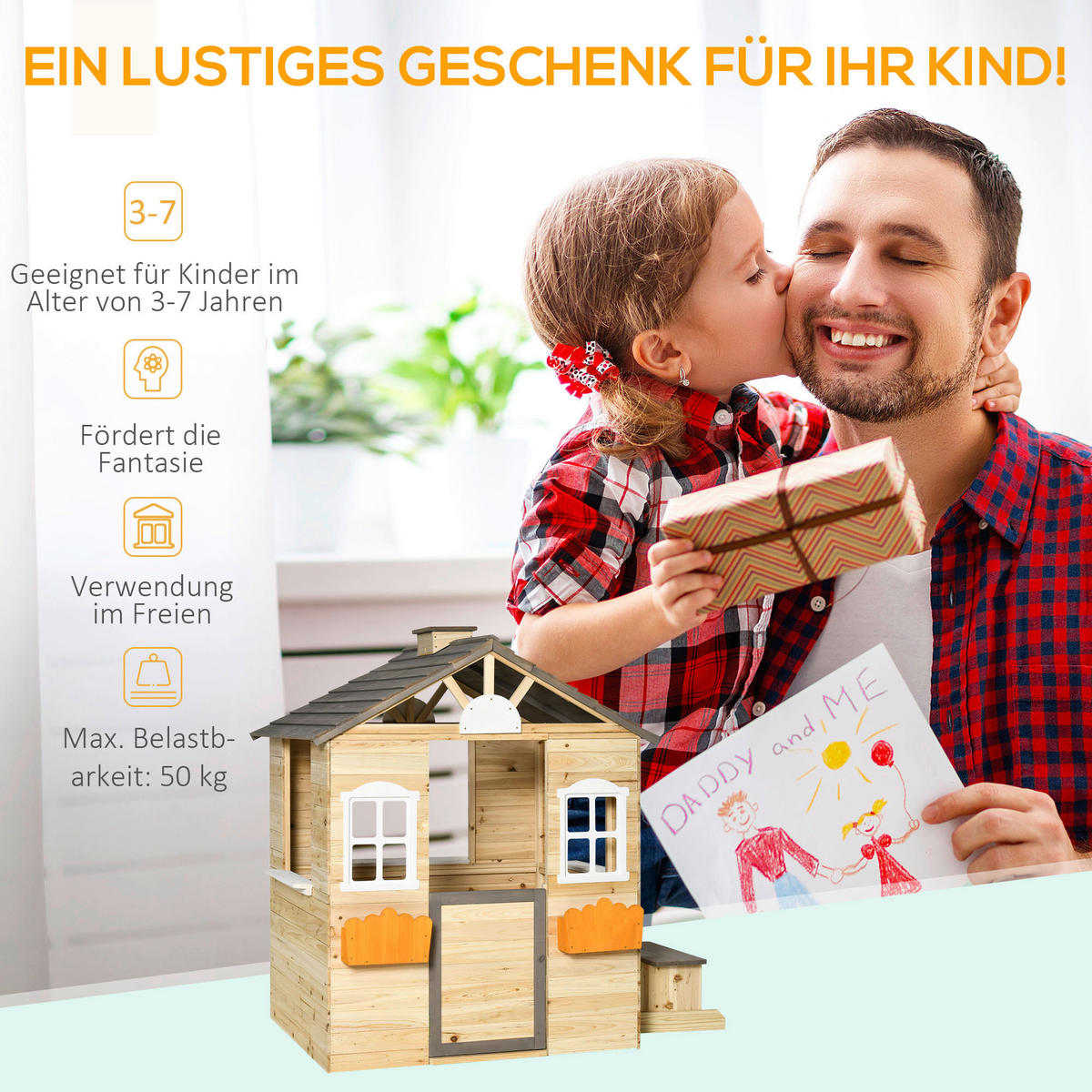 Outsunny Outdoor-Spielzeug grau B/H/L: ca. 94x113x134,5 cm Kinderspielhaus - weiß/natur (134,50/94,00/113,00cm) - Outsunny
