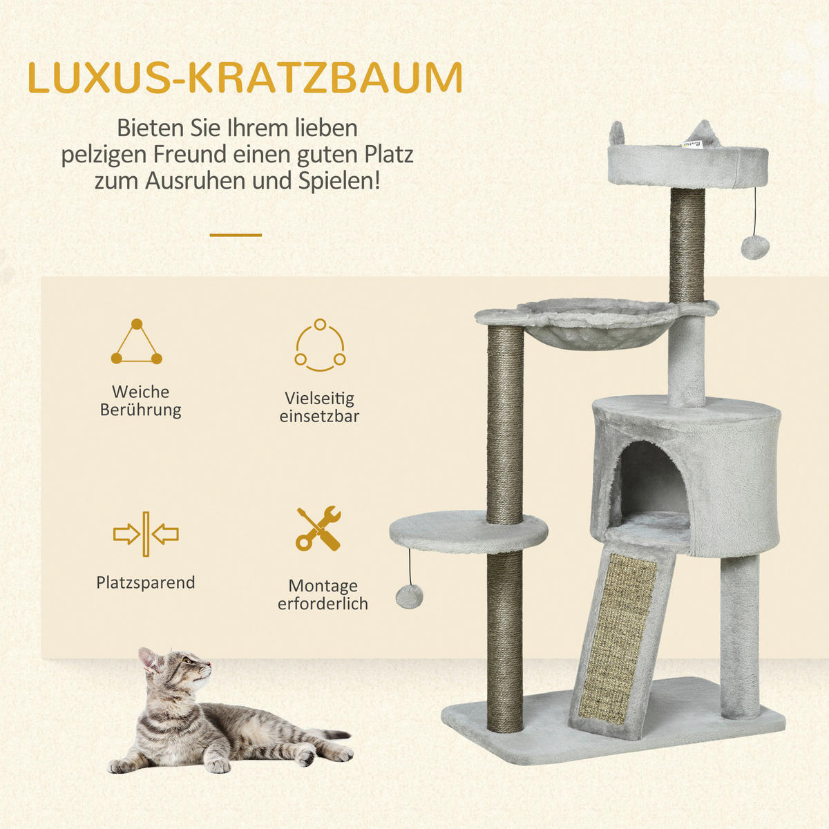 PawHut Kratzbaum hellgrau Polypropylen B/H/L: ca. 40x60x113 cm Kratzbaum - hellgrau (113,00/40,00/60,00cm) - PawHut