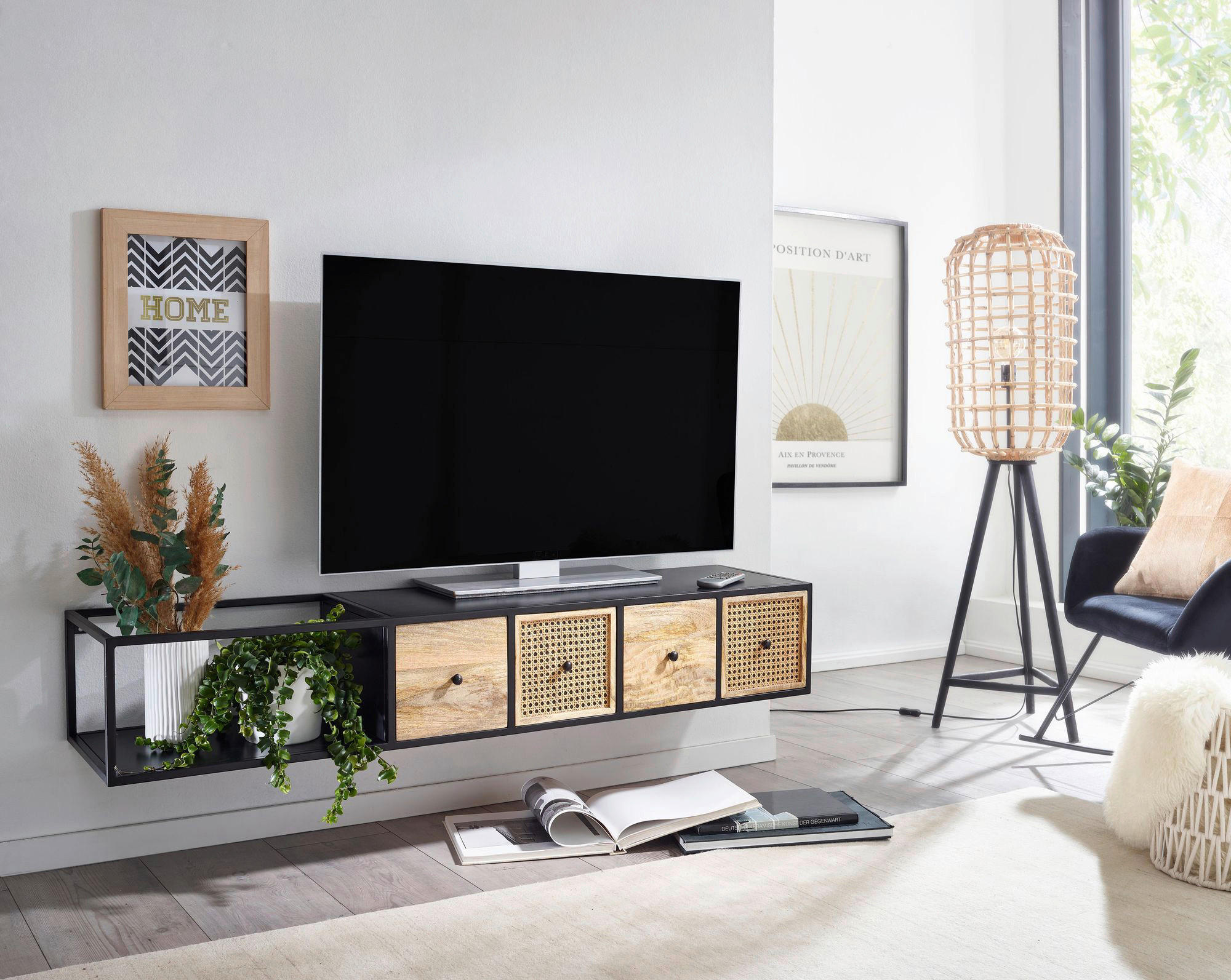 TV-Bank schwarz pulverbeschichtet natur Eisen Echtholz B/H/T: ca. 150x25x35 cm TV Konsole - natur/schwarz (150,00/25,00/35,00cm) - Wohnling