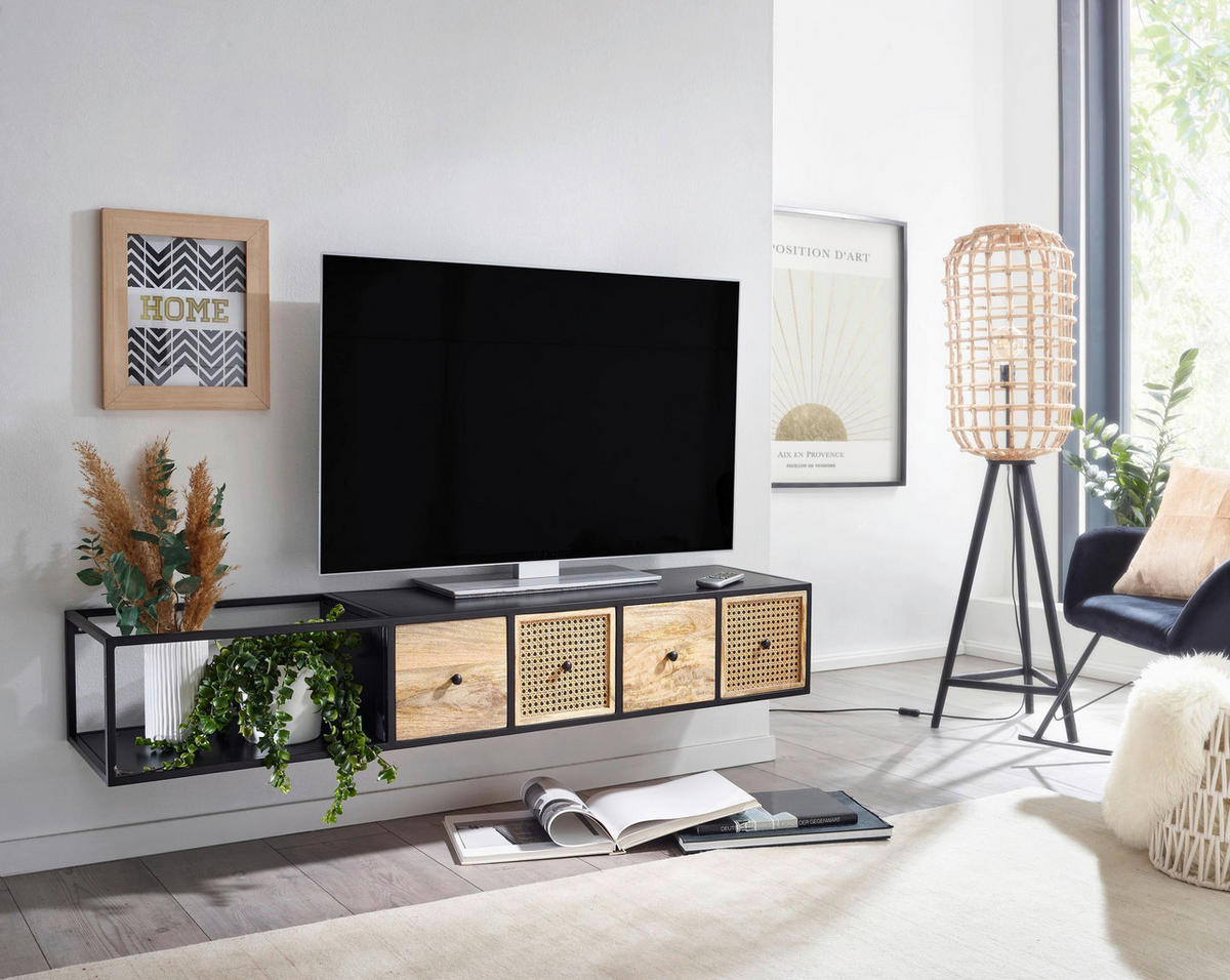 TV-Bank schwarz pulverbeschichtet natur Eisen Echtholz B/H/T: ca. 150x25x35 cm TV Konsole - natur/schwarz (150,00/25,00/35,00cm) - Wohnling