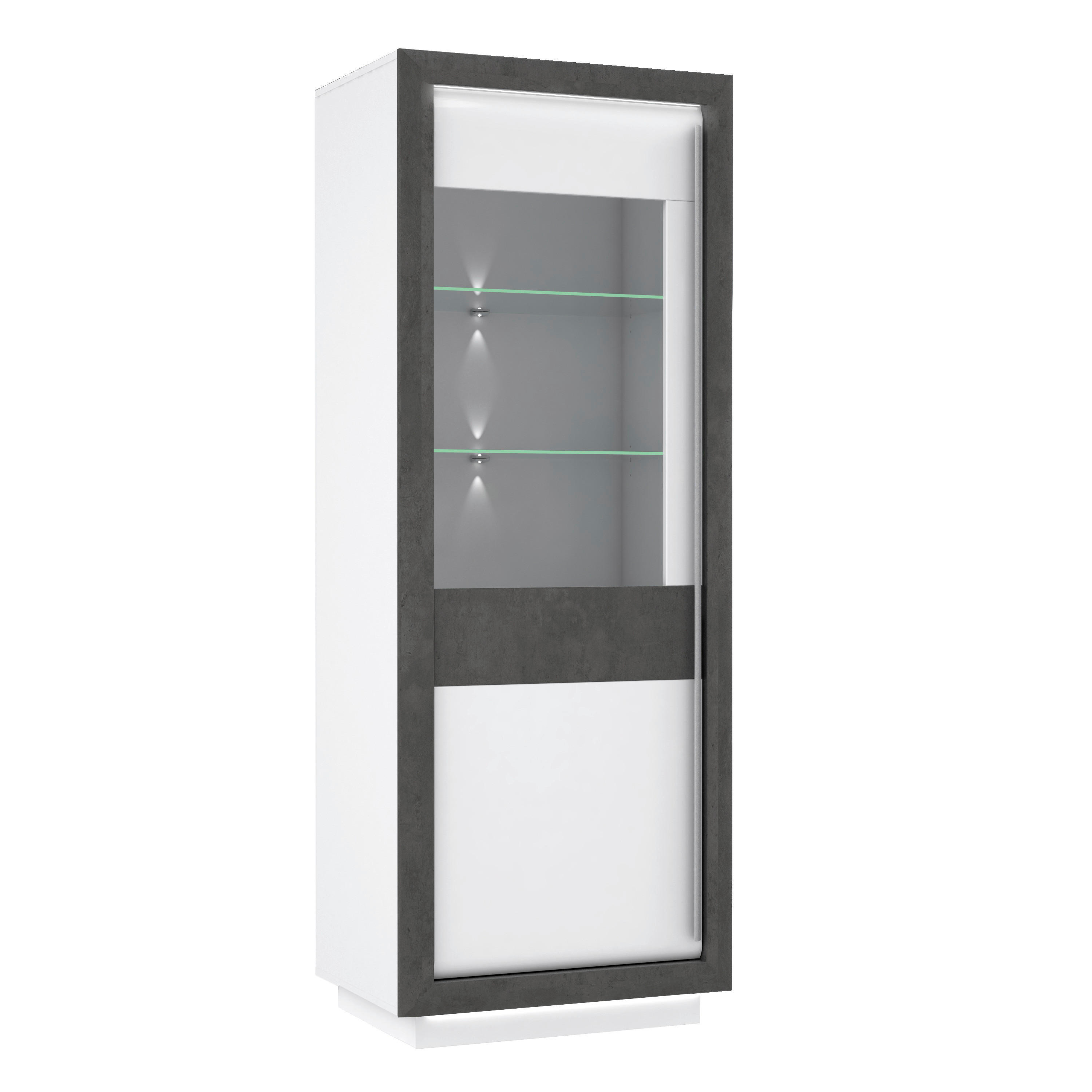 Vitrine  weiß Hochglanz Beton dunkel Optik B/H/T: ca. 73x197x53 cm