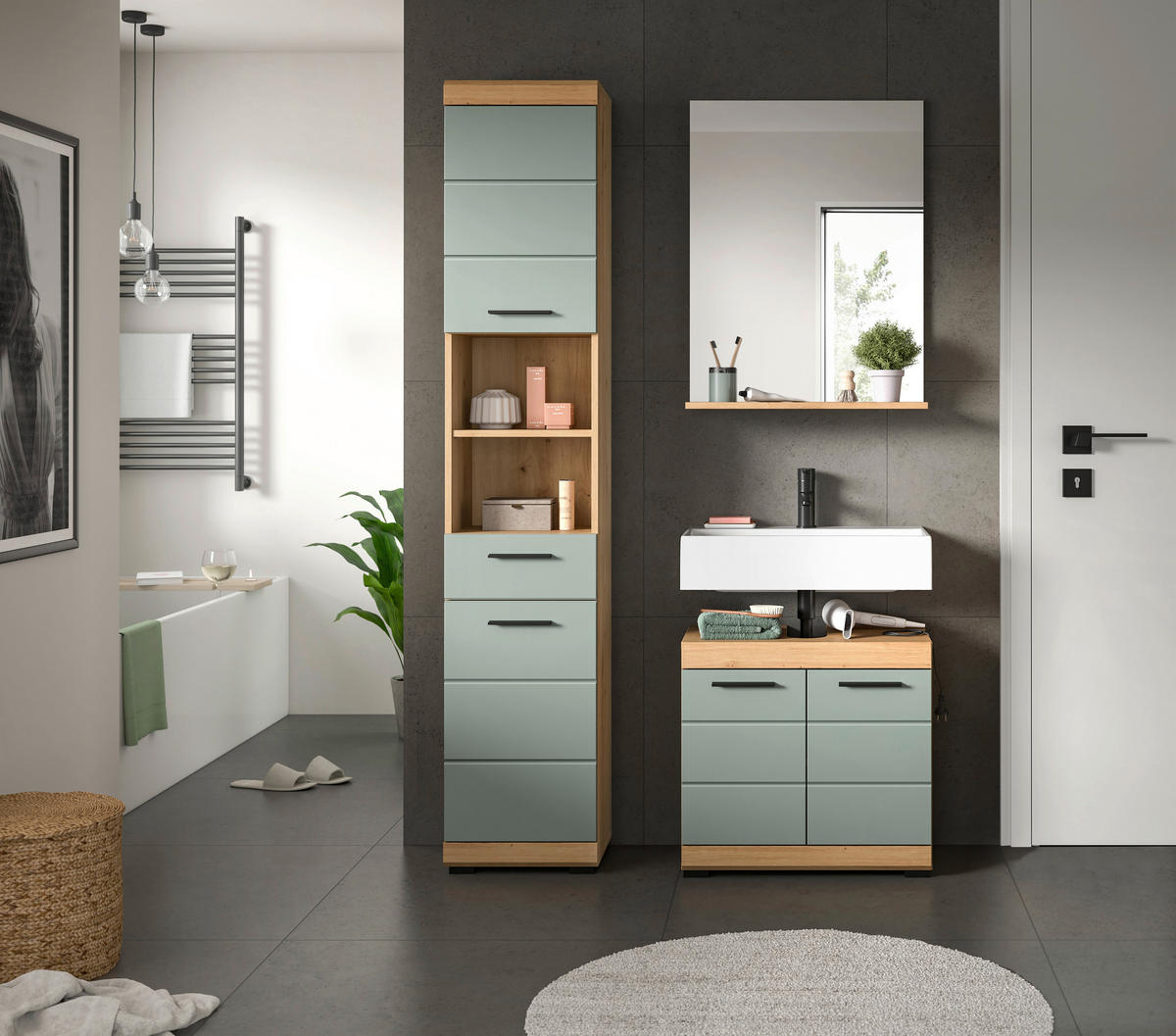 Badezimmer-Set Scout Eiche Artisan Nachbildung salbei Nachbildung B/H/T: ca. 112x191x34 cm Scout - Eiche/salbei (112,00/191,00/34,00cm) - xonox.home