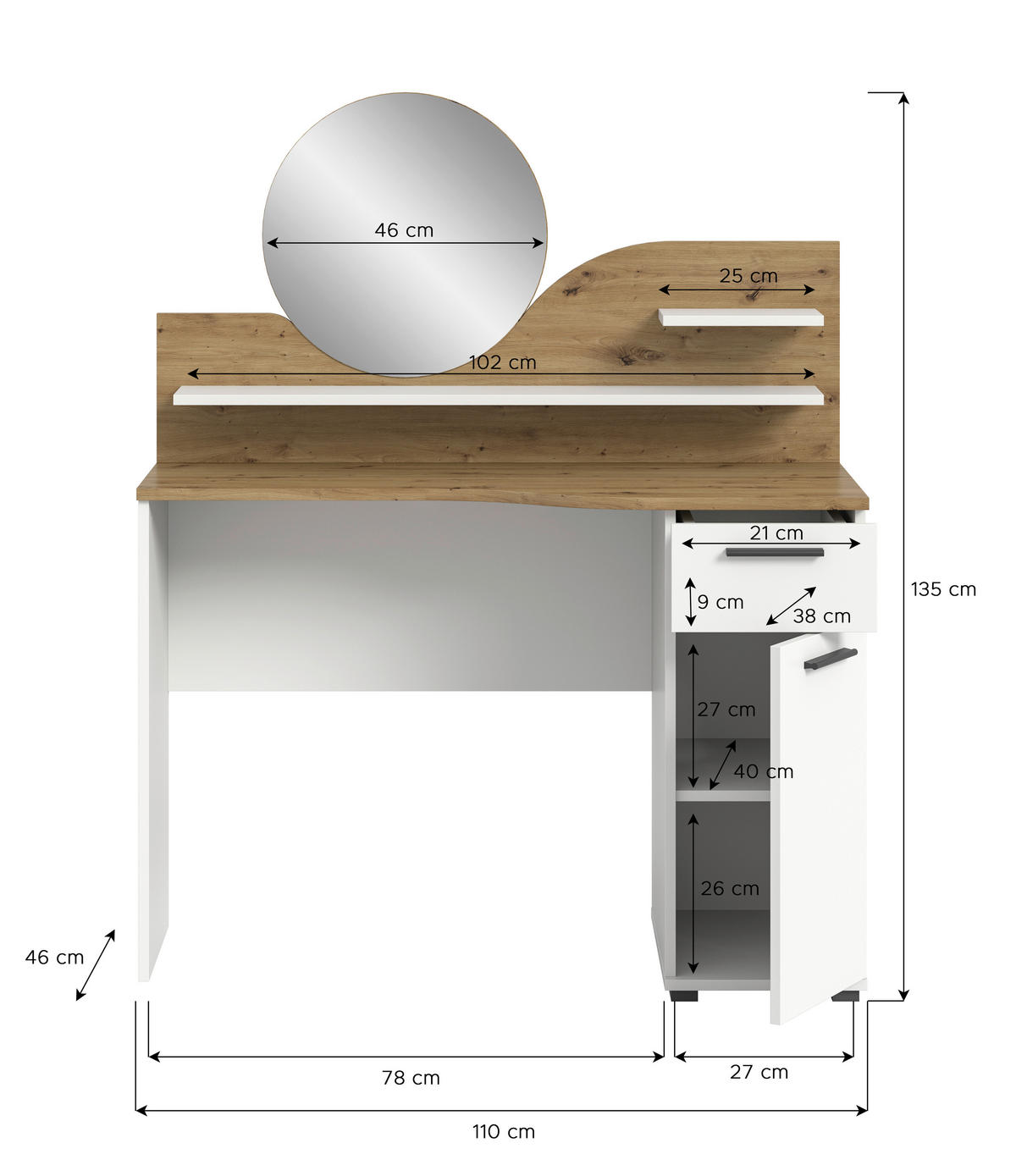 Schminktisch Vanity weiß Nox Oak Nachbildung B/H/T: ca. 110x135x46 cm Vanity - weiß (110,00/135,00/46,00cm)