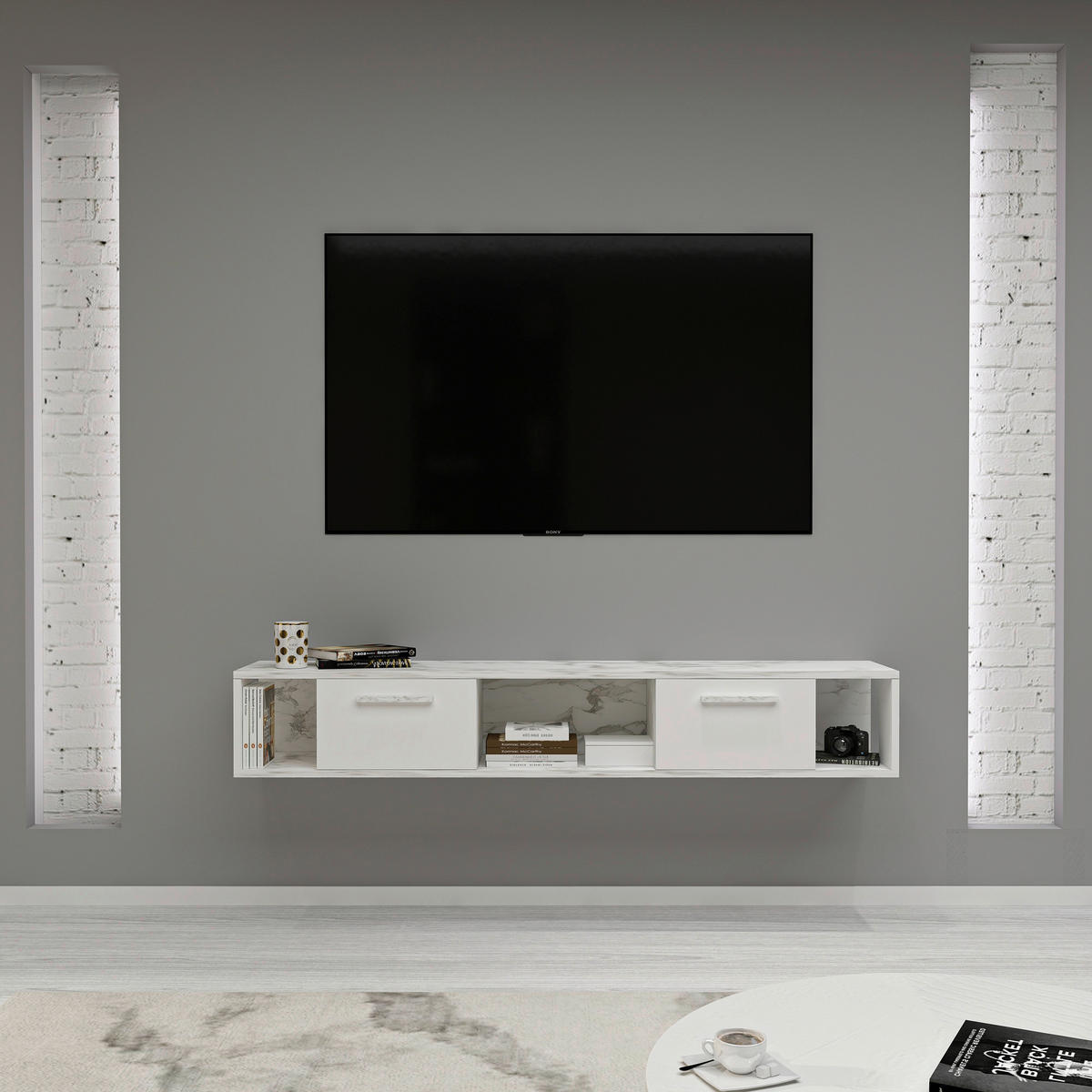 TV-Lowboard Aldora weiß Marmoroptik B/H/T: ca. 160x30x30 cm Aldora - weiß/Marmoroptik (160,00/30,00/30,00cm) - moebel17