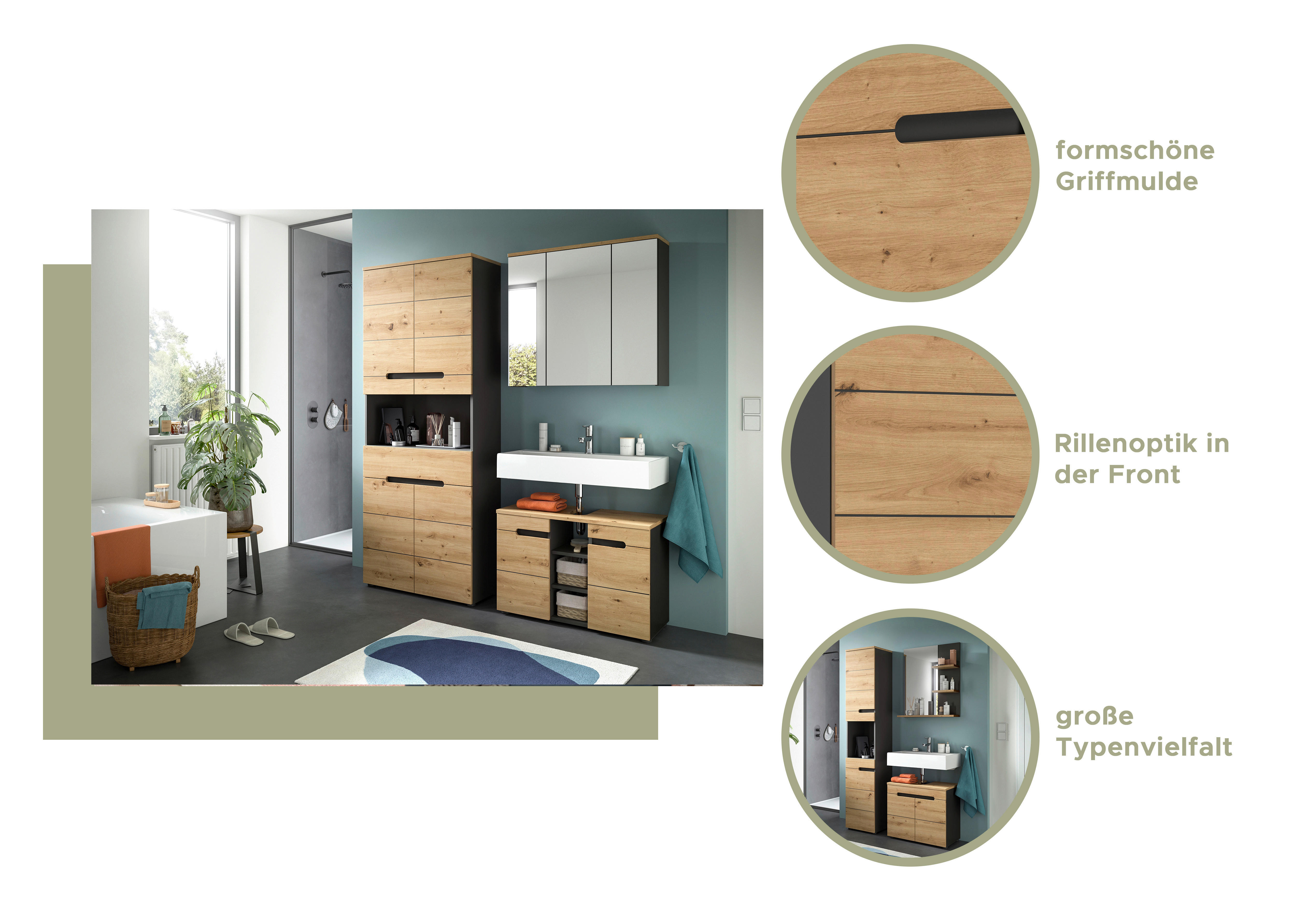 Thumbnail - Badezimmer-Set Canu Basalt Eiche Artisan Nachbildung B/H/T: ca. 63x193x34 cm