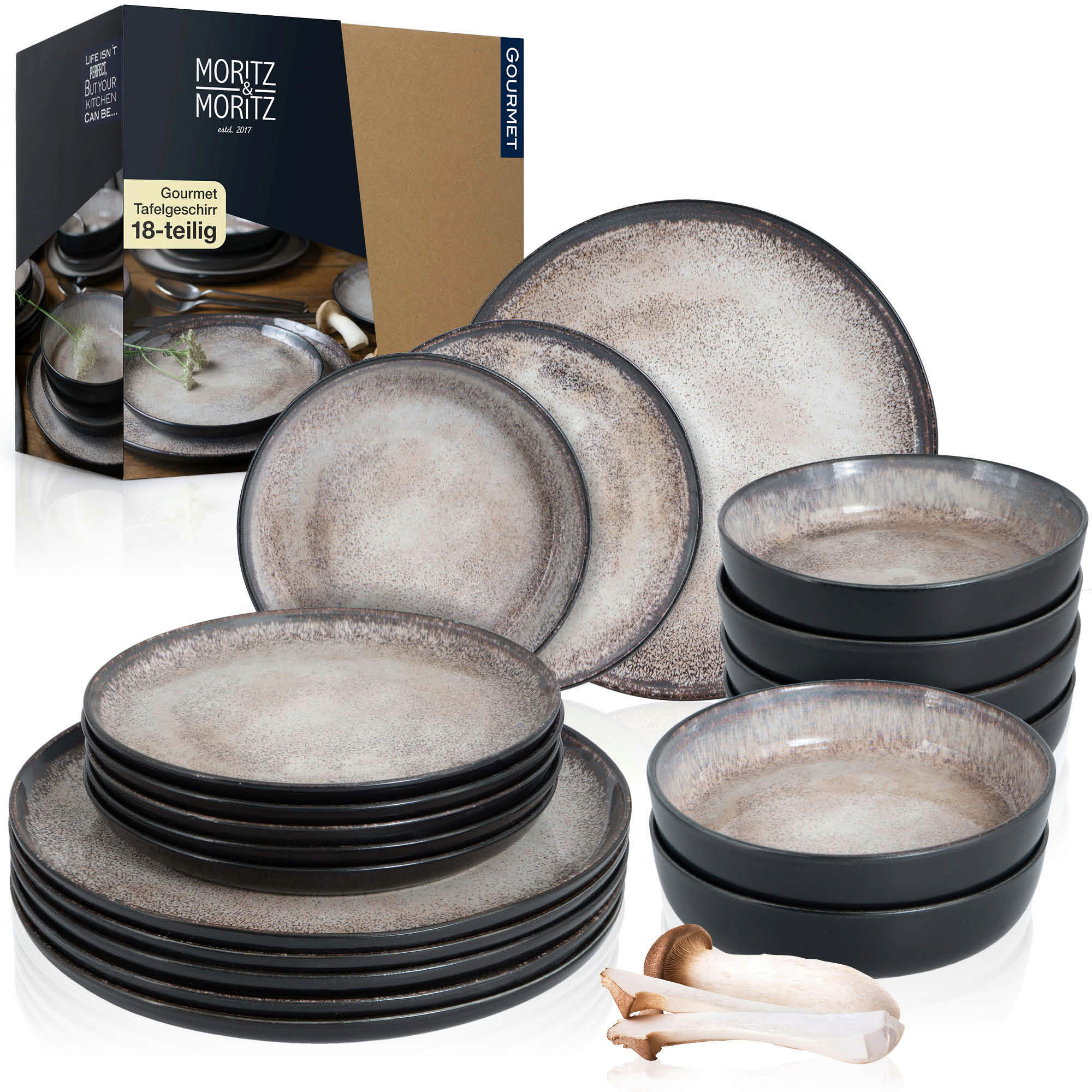Moritz & Moritz Tafelservice Digital beige Porzellan 18 tlg. Digital - beige/schwarz - Moritz & Moritz
