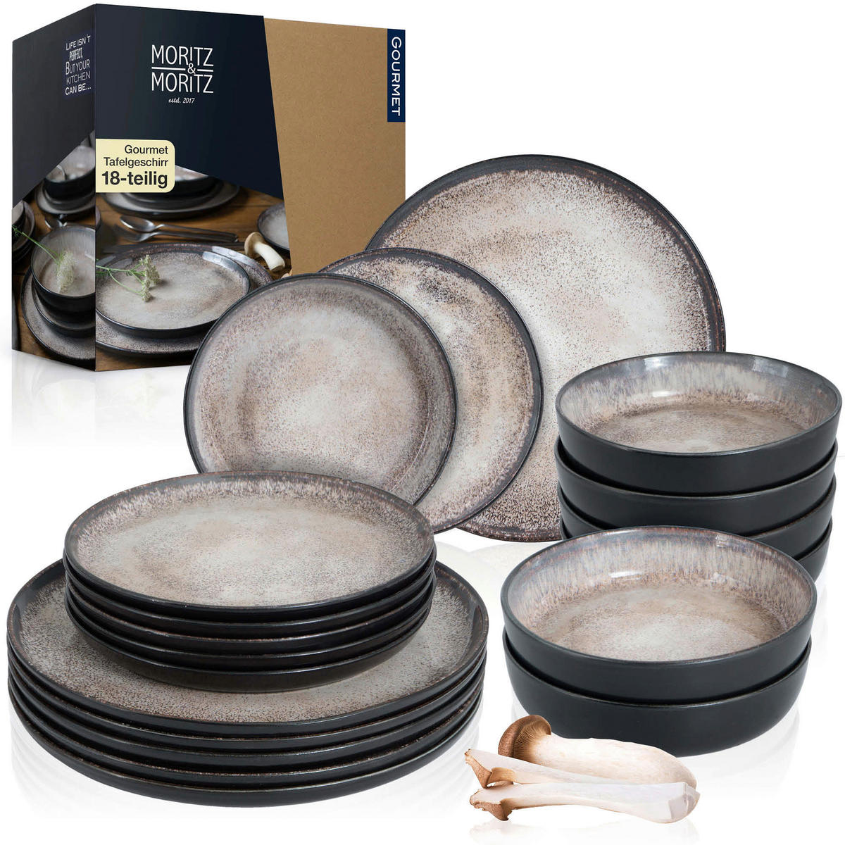 Moritz & Moritz Tafelservice Digital beige Porzellan 18 tlg. Digital - beige/schwarz - Moritz & Moritz