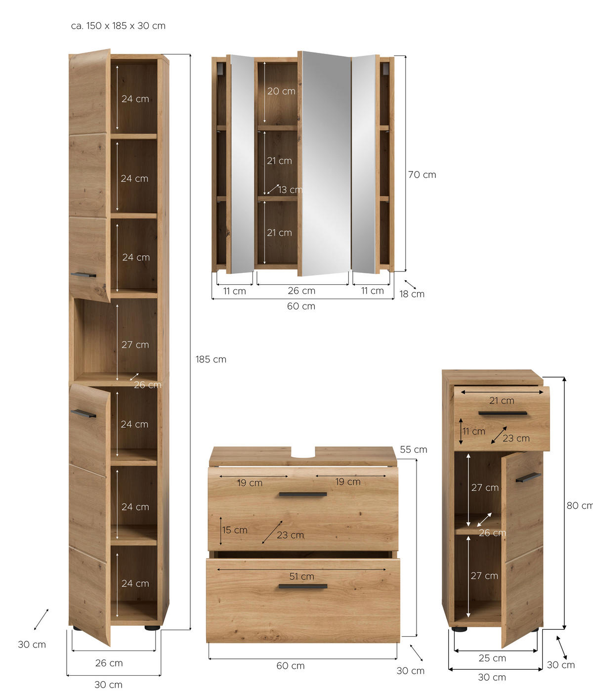 Badezimmer-Set Ice Artisan Oak Nachbildung B/H/T: ca. 150x185x30 cm Ice - (150,00/185,00/30,00cm) - xonox.home