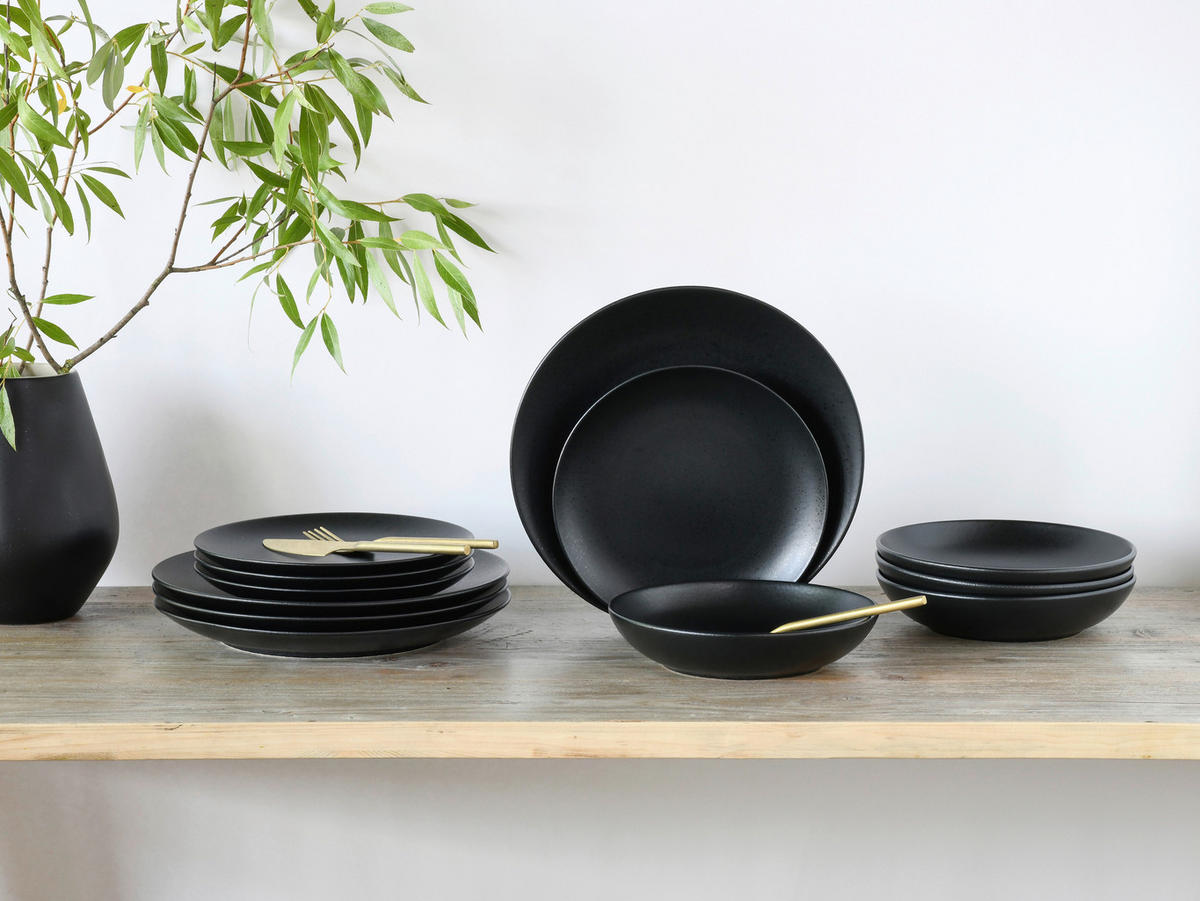 CreaTable Tafelservice Magic Black schwarz Steinzeug 12 tlg. Magic Black - schwarz - CreaTable