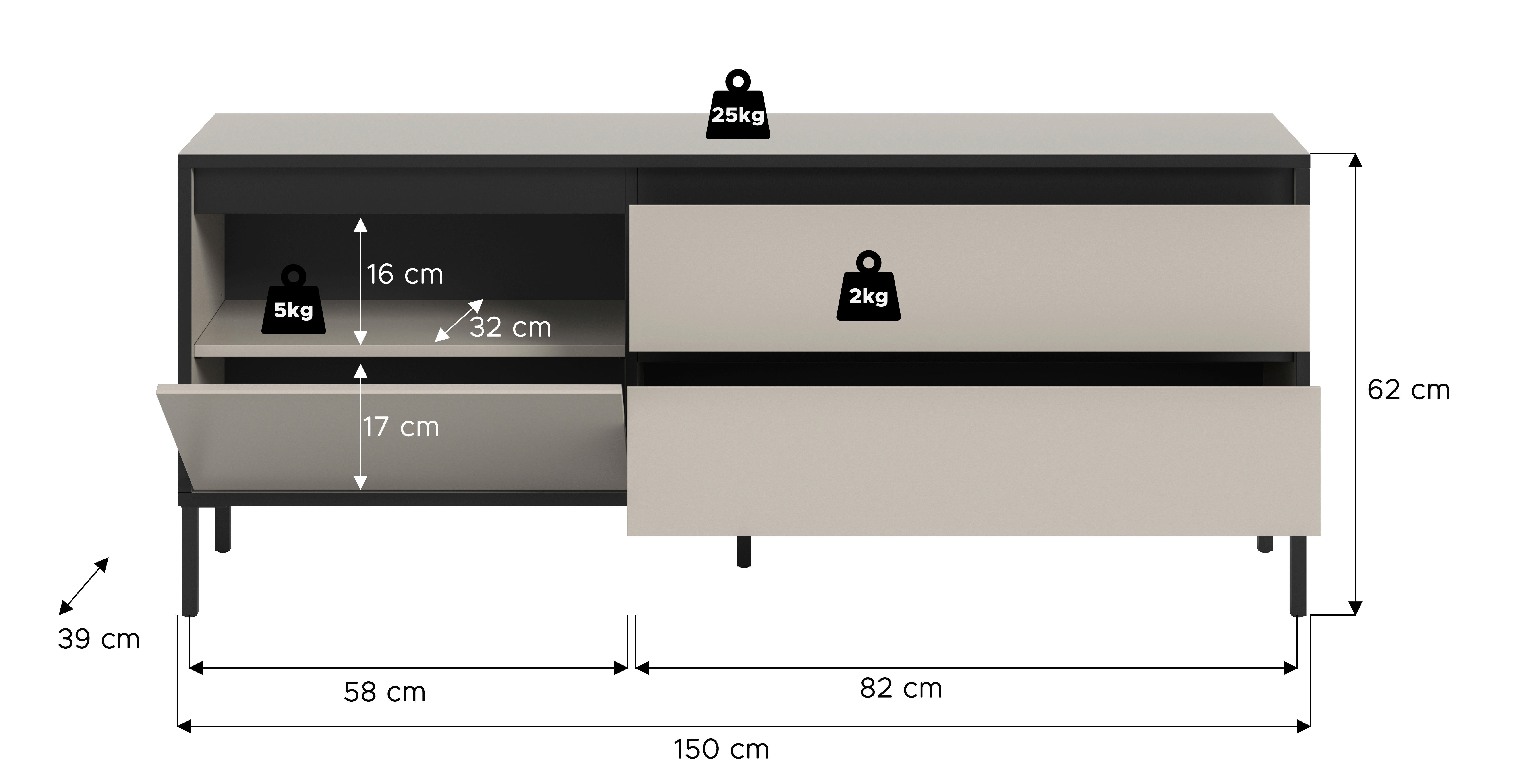 Lowboard Tron Kaschmirgrau Nachbildung schwarz B/H/T: ca. 150x62x38 cm Tron - schwarz (150,00/62,00/38,00cm) - xonox.home