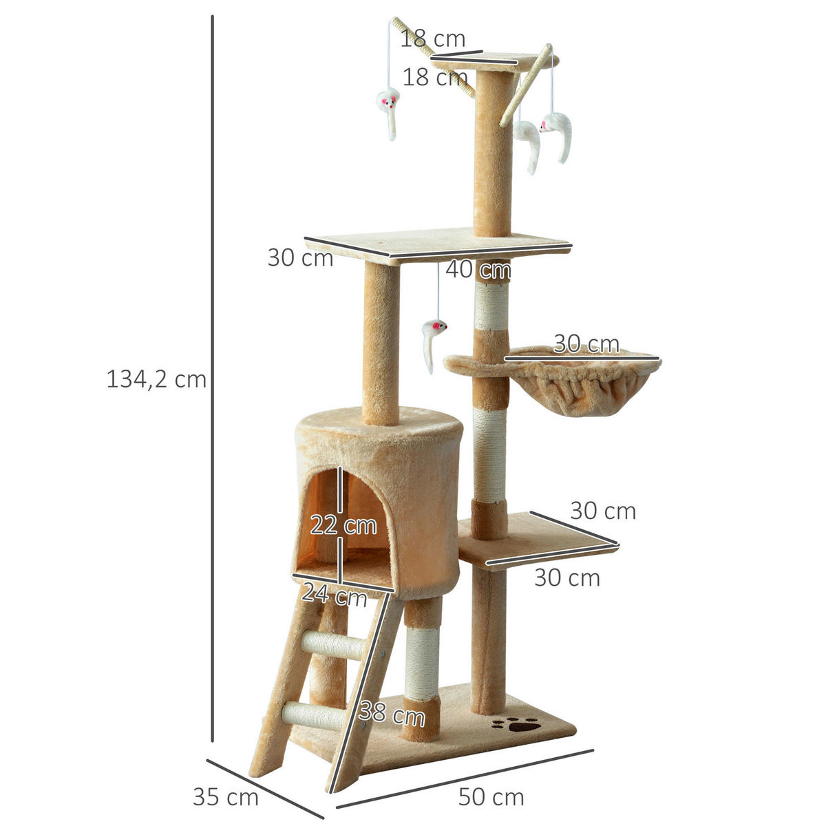 PawHut Katzenkratzbaum beige Spanplatte B/H/L: ca. 35x131x50 cm Katzenkratzbaum - beige/weiß (50,00/35,00/131,00cm) - PawHut