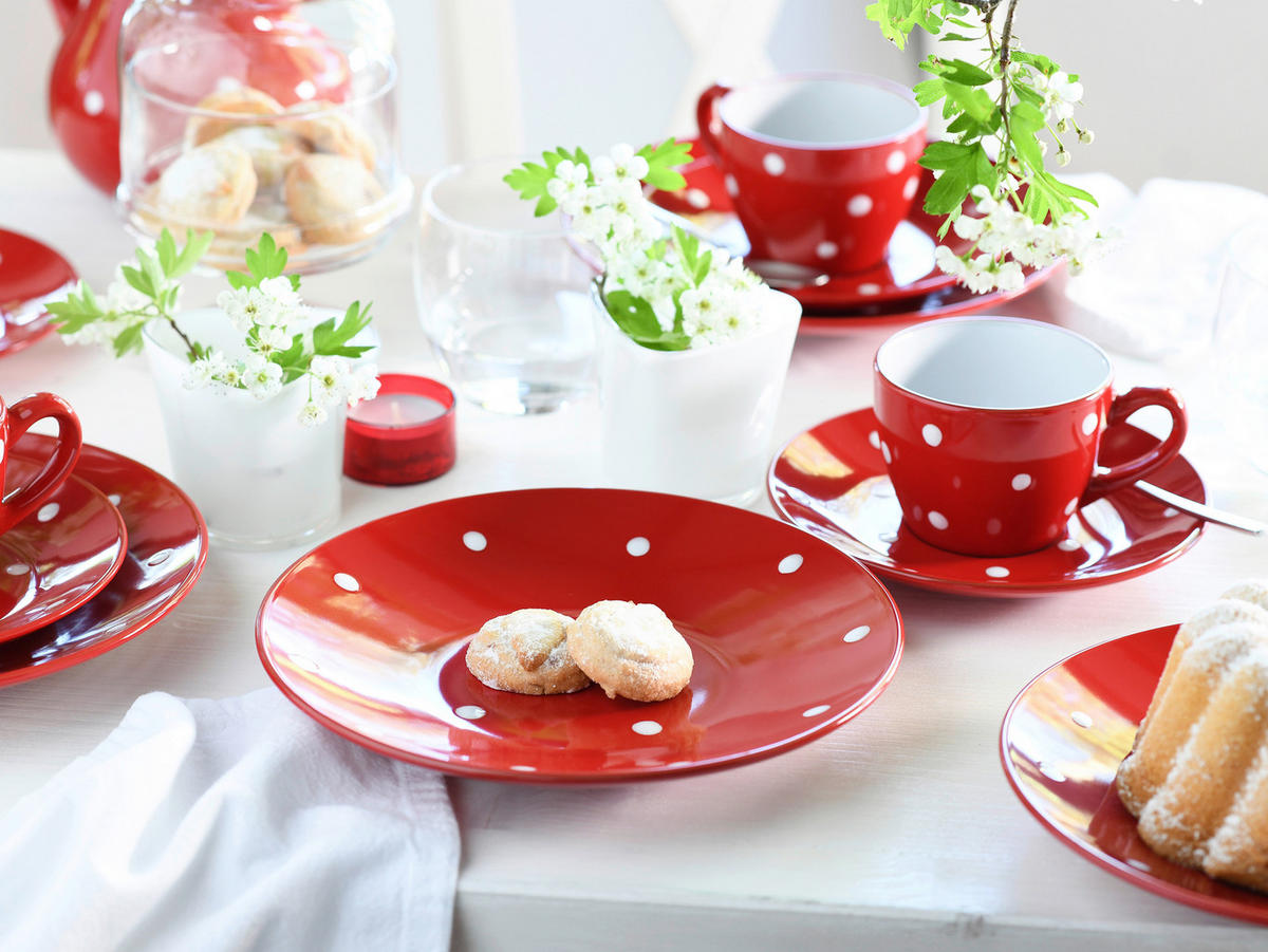 CreaTable Kaffeeservice Polka Dots weiß Steinzeug 18 tlg. Polka Dots - weiß/rot - CreaTable