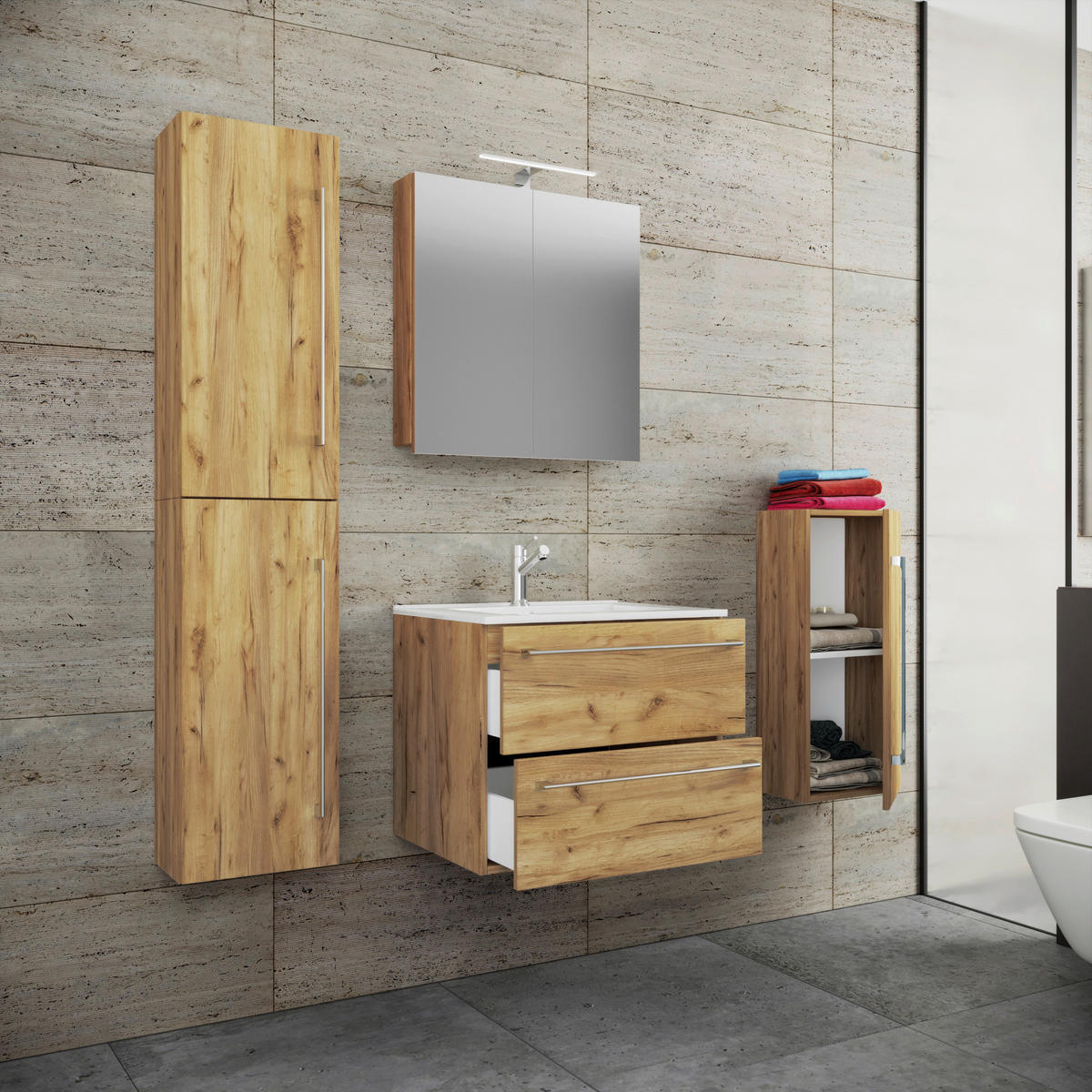 Waschplatz 5tlg-Badinos Eiche Honig Nachbildung B/H/T: ca. 61x52x46 cm 5tlg-Badinos - Eiche (61,00/52,00/46,00cm) - VCM Möbel