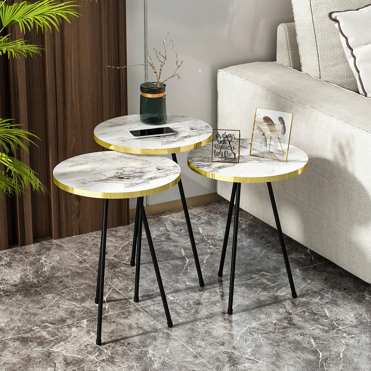 Beistelltisch 3er-Set. 21786245 weiß Marmor Optik schwarz Metall B/H/T: ca. 38x53,5x38 cm 3er-Set. 21786245 - weiß/schwarz (38,00/53,50/38,00cm) - moebel17