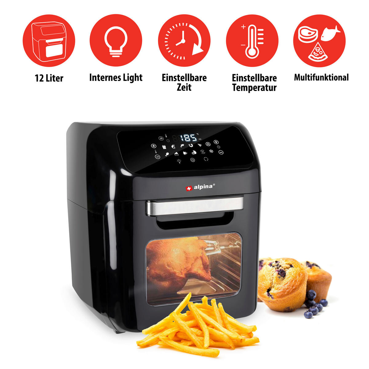 Alpina Heißluftfritteuse schwarz Kunststoff ca. 2 l Heißluftofen/-Fritteuse - schwarz (2,00l) - Alpina