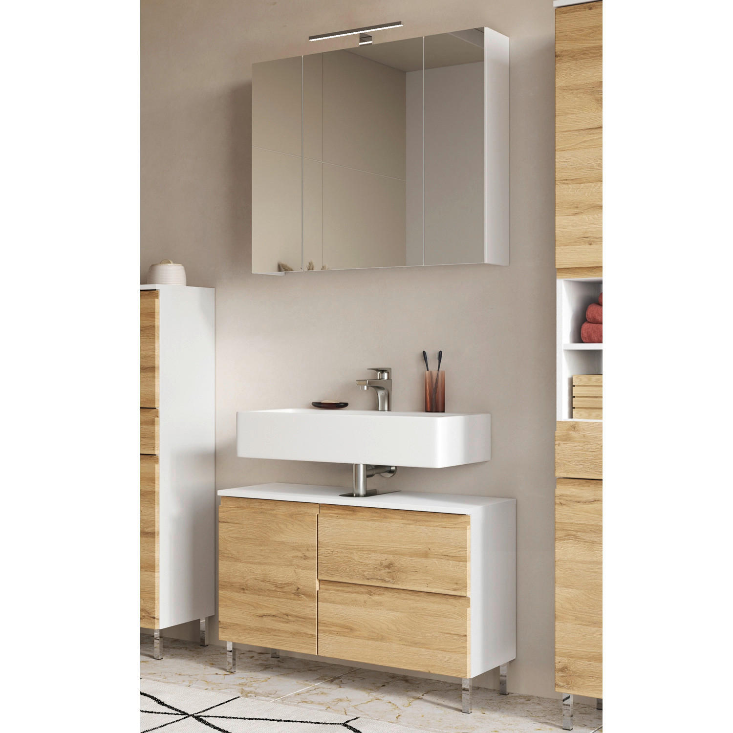 Badezimmer-Set 7950-559 weiß Eiche Grand-Son Nachbildung B/H/T: ca. 80x190x34 cm 7950-559 - Eiche/weiß (80,00/190,00/34,00cm) - Germania