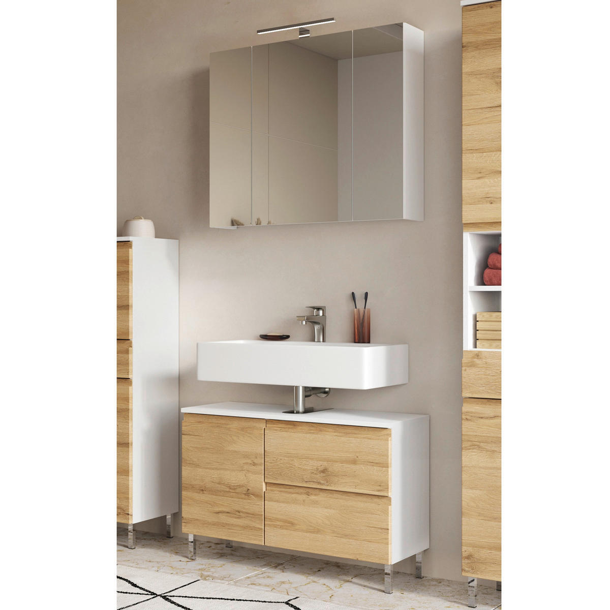 Badezimmer-Set 7950-559 weiß Eiche Grand-Son Nachbildung B/H/T: ca. 80x190x34 cm 7950-559 - Eiche/weiß (80,00/190,00/34,00cm) - Germania