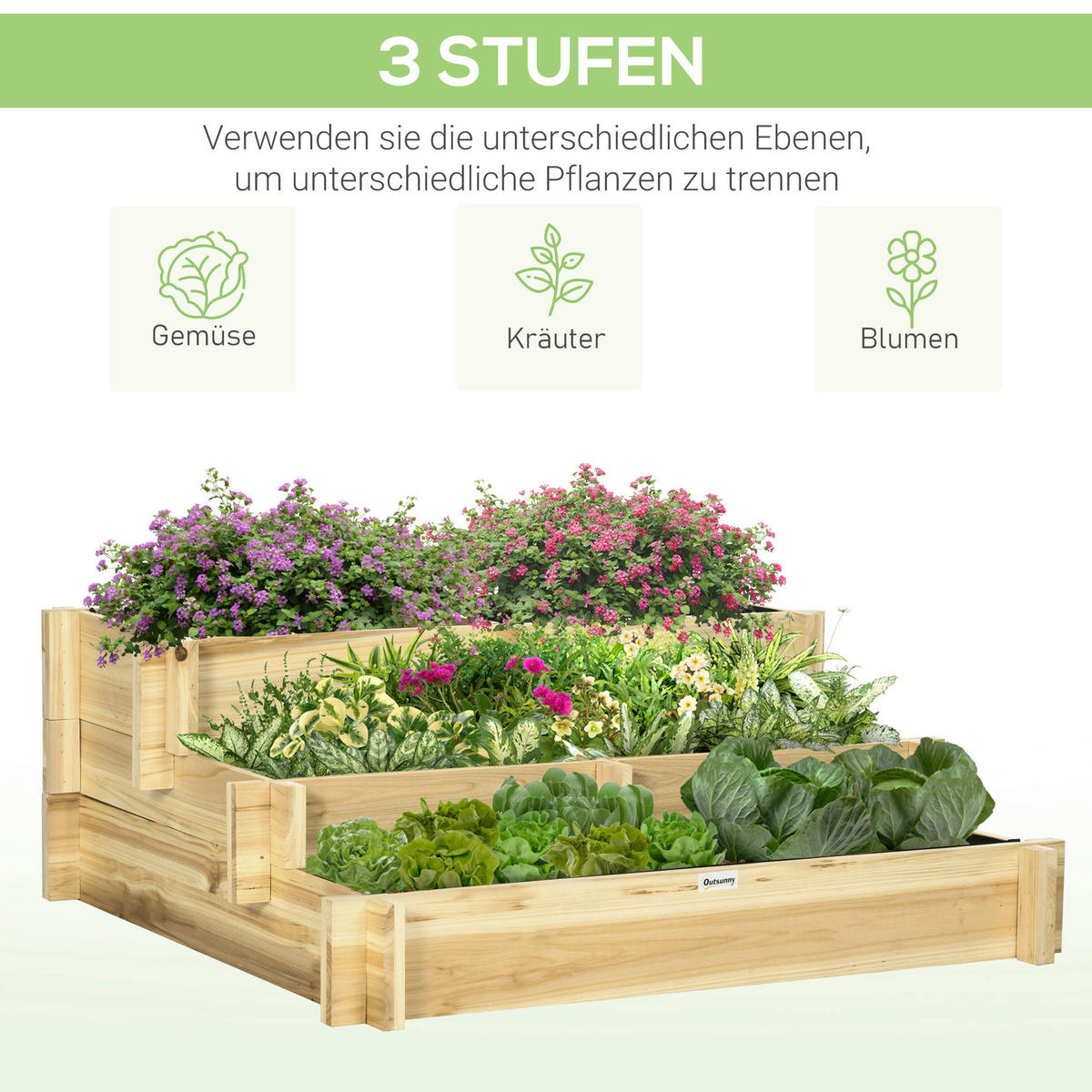 Outsunny Stufenbeet B/H/L: ca. 93x35x93 cm Stufenbeet - natur (93,00/93,00/35,00cm) - Outsunny