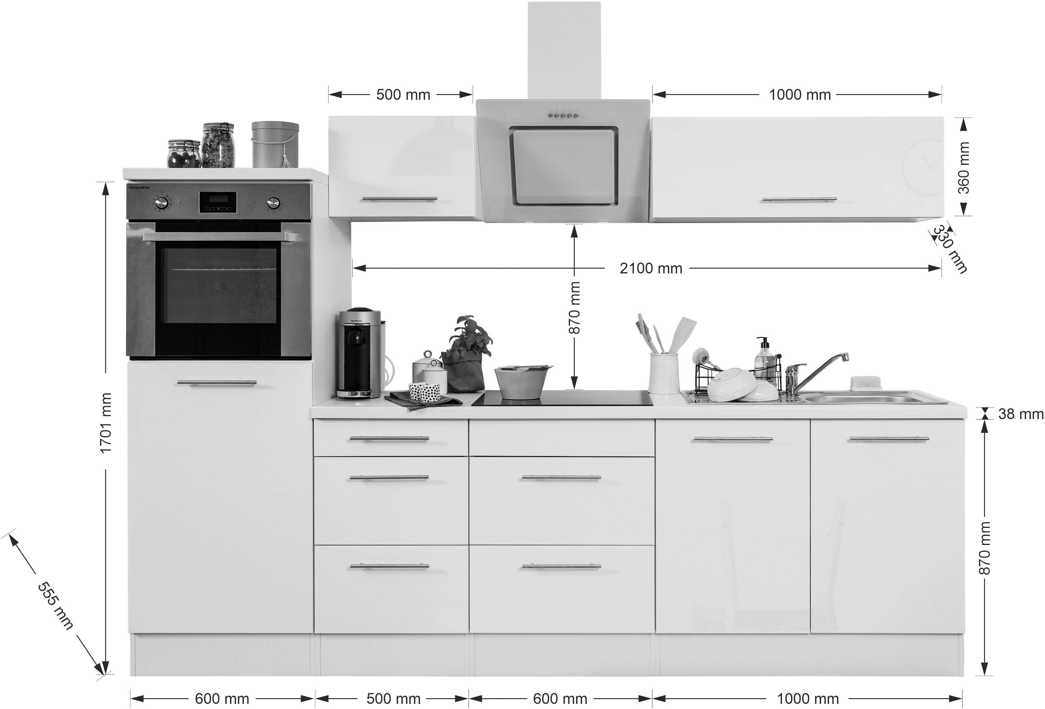 Respekta Küchenblock Amanda weiß Hochglanz B/H/T: ca. 270x200x60 cm Amanda - weiß/Edelstahloptik (270,00/200,00/60,00cm) - Respekta