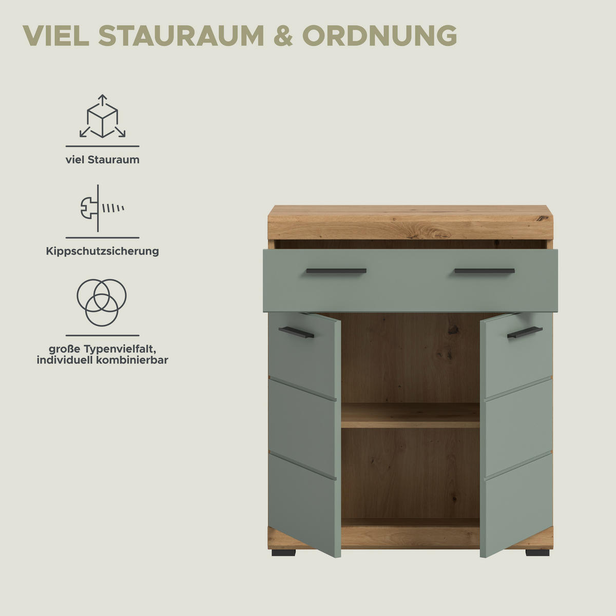 Schrank Scout Eiche Artisan Nachbildung salbei Nachbildung B/H/T: ca. 74x88x31 cm Scout - Eiche/salbei (74,00/88,00/31,00cm) - xonox.home