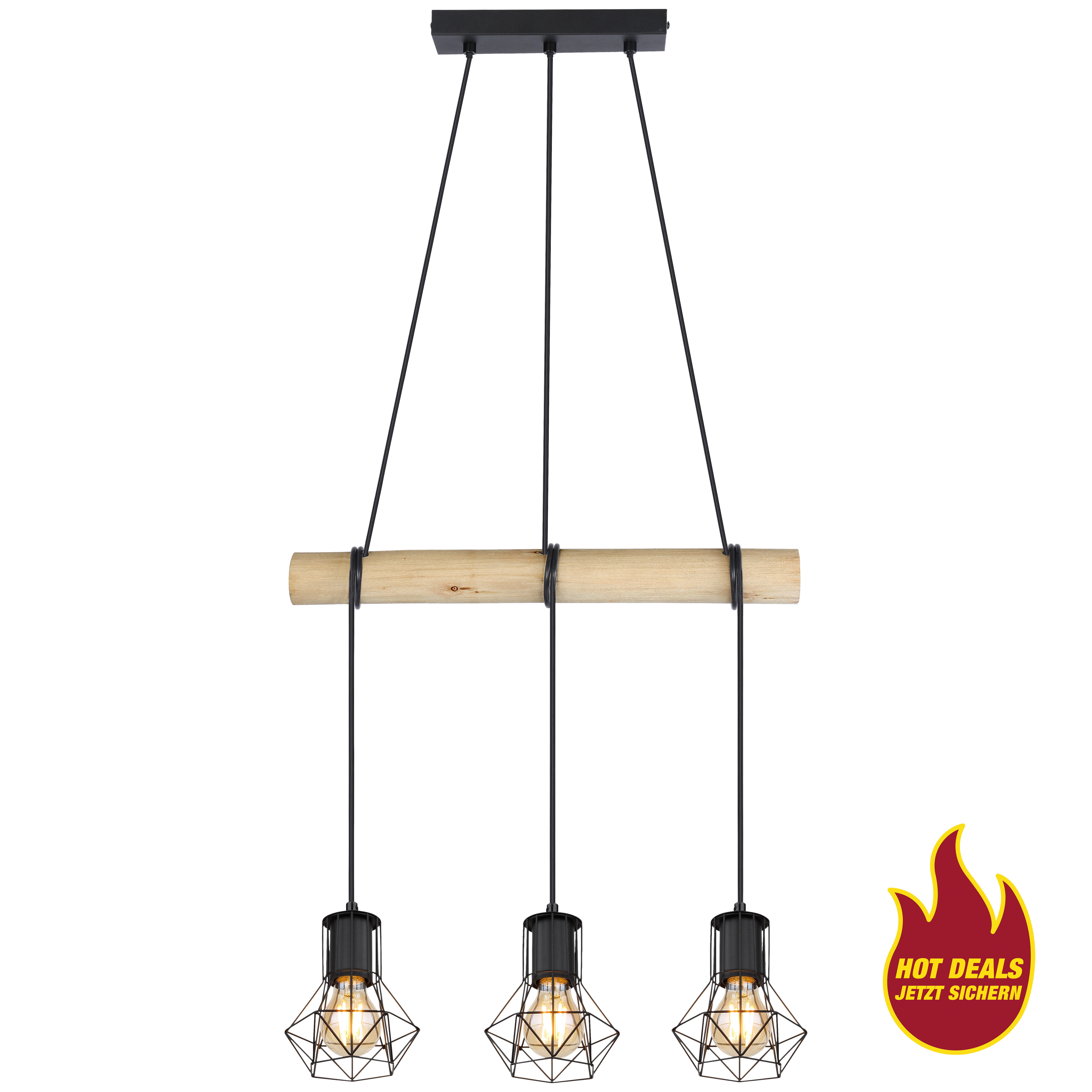 POCOline Pendelleuchte Minetta schwarz natur Metall Holz B/H/T: ca. 50x140x13 cm E27 3 Brennstellen Pendelleuchte_Minetta - natur/schwarz (50,00/140,00/13,00cm) - POCOline
