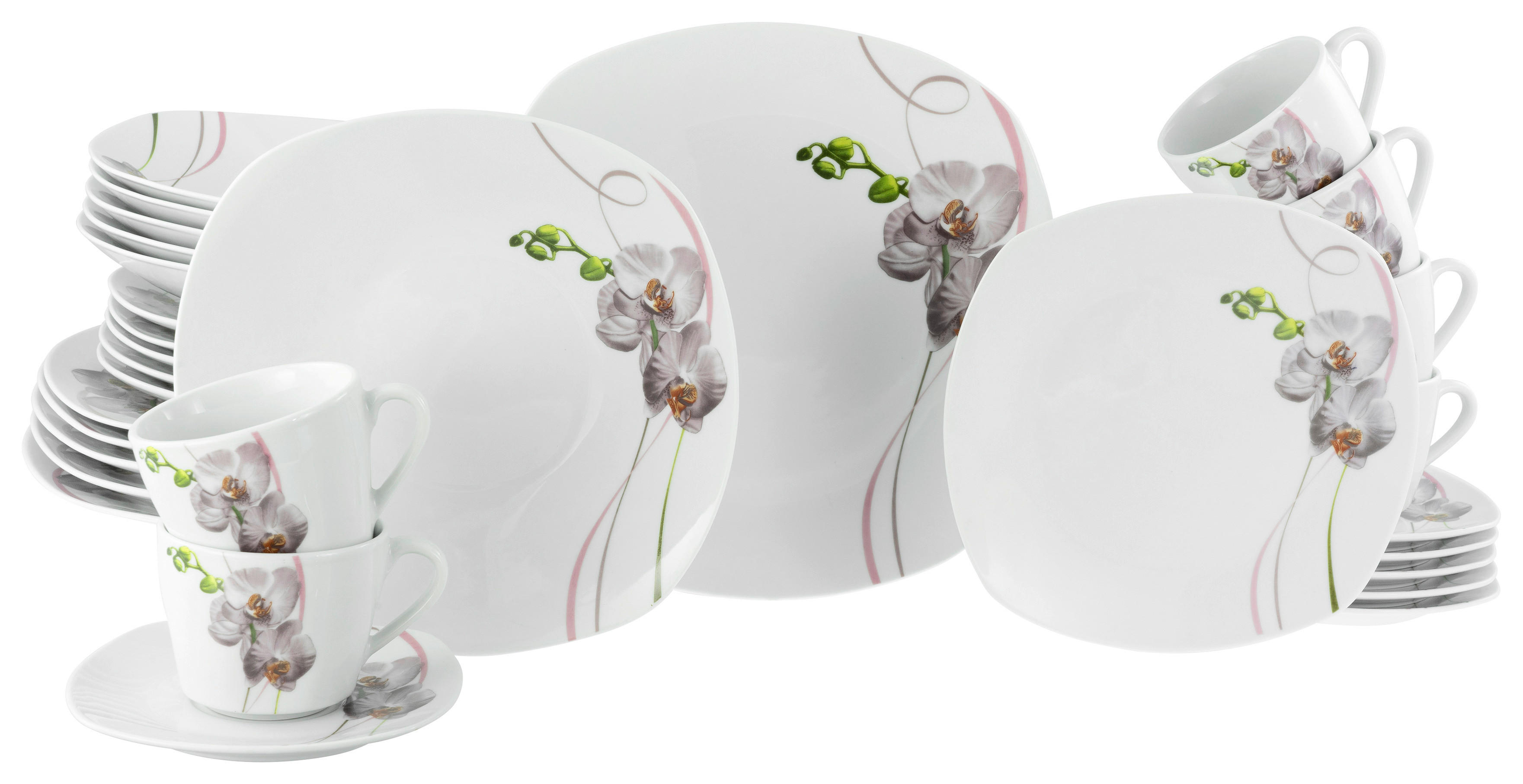 CreaTable Kombiservice Square Orchidee weiß Porzellan 30 tlg. Square Orchidee - weiß/mauve - CreaTable