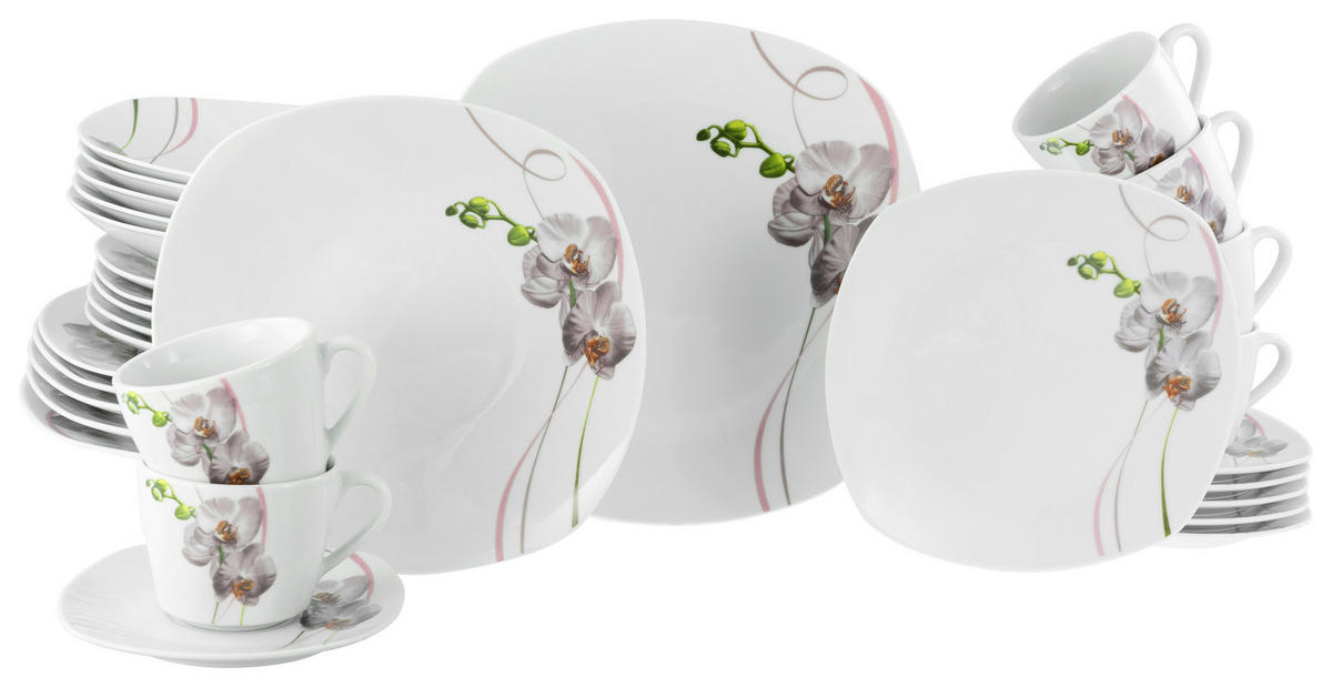 CreaTable Kombiservice Square Orchidee weiß Porzellan 30 tlg. Square Orchidee - weiß/mauve - CreaTable
