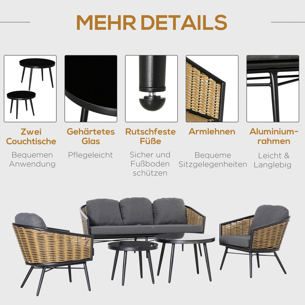 Outsunny Sitzgruppe natur Aluminium B/H/L: ca. 77x187x77 cm Gartenmöbel_Set - natur (77,00/77,00/187,00cm) - Outsunny