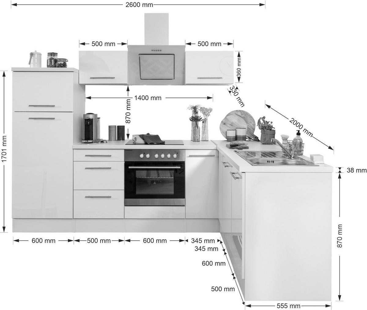 Respekta Winkelküche Amanda weiß Hochglanz B/H/T: ca. 260x200x60 cm Amanda - weiß/Edelstahloptik (260,00/200,00/60,00cm) - Respekta