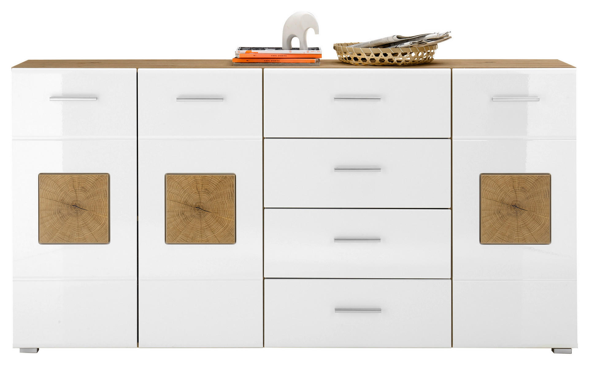 Sideboard Georgia Eiche Artisan Nachbildung weiß Hochglanz Hirnholz Optik B/H/T: ca. 180x92x38 cm Georgia - Eiche/weiß (180,00/92,00/38,00cm)