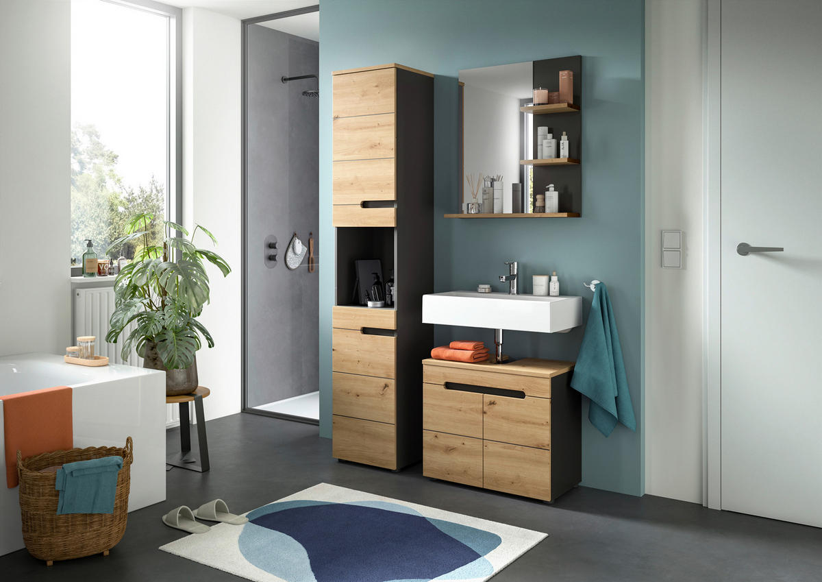 Badezimmer-Set Canu Basalt Eiche Artisan Nachbildung B/H/T: ca. 63x193x34 cm Canu - Eiche/Basalt (63,00/193,00/34,00cm) - xonox.home
