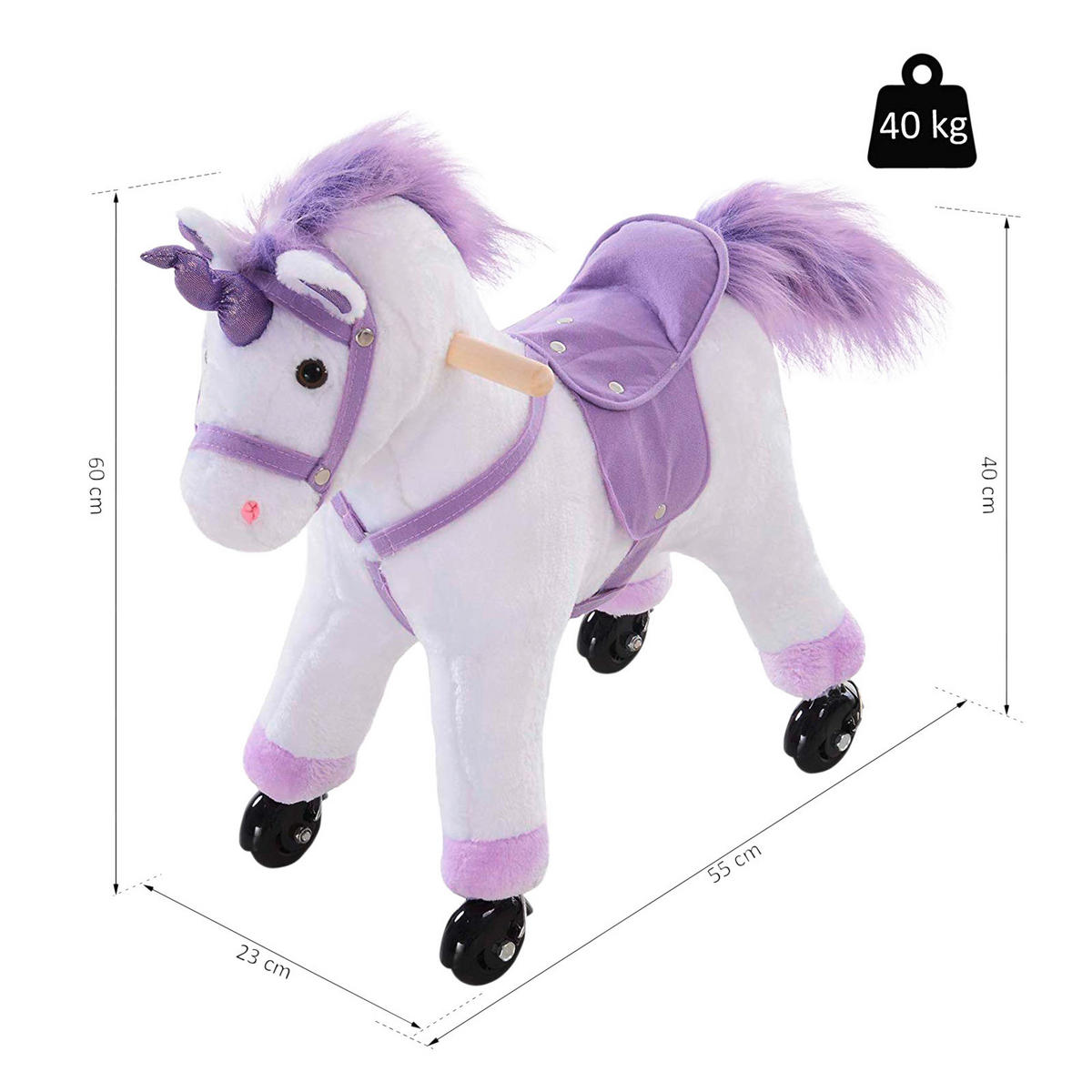HOMCOM Kinder Schaukelwippe B/H/L: ca. 23x60x55 cm Plüsch-Einhorn_auf_Rollen - lila/weiß (55,00/23,00/60,00cm) - HOMCOM