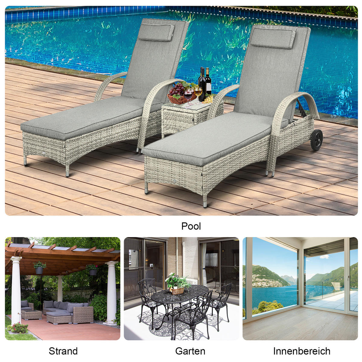Outsunny Gartenliege-Set mit Tisch grau Polyrattan B/H/L: ca. 73x103x200 cm Gartenliege-Set mit Tisch - grau (200,00/73,00/103,00cm) - Outsunny