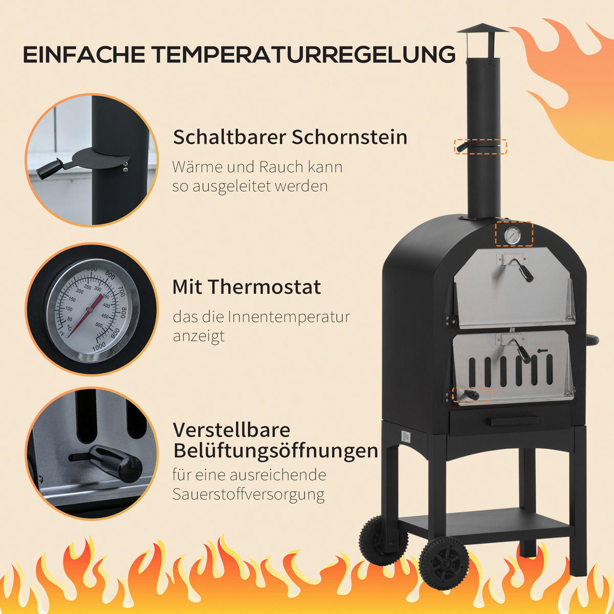 Outsunny Pizzaofen mit Schornstein schwarz Stahl B/H/L: ca. 54x161x63 cm Pizzaofen 846-085 - schwarz/silber (63,00/54,00/161,00cm) - Outsunny
