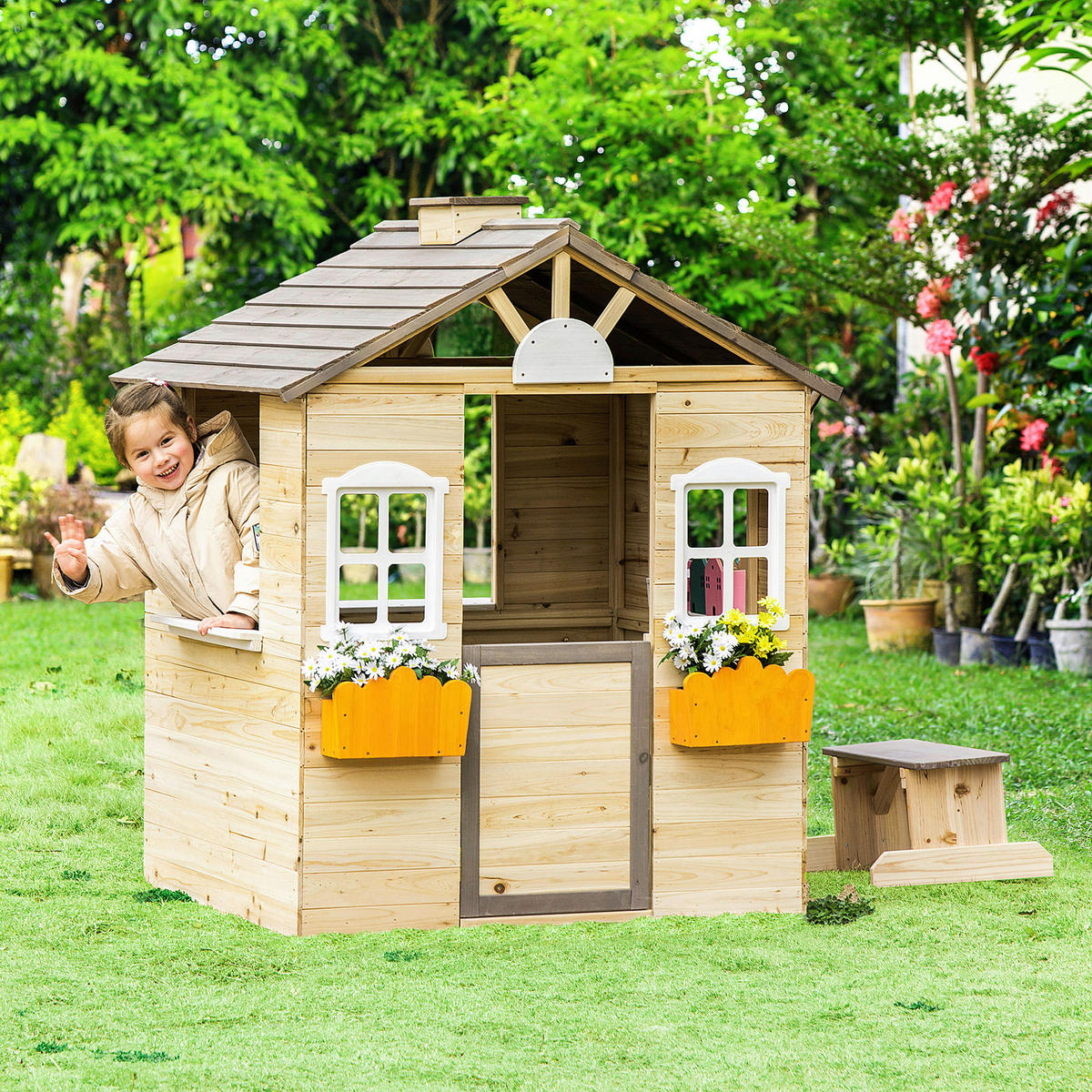 Outsunny Outdoor-Spielzeug grau B/H/L: ca. 94x113x134,5 cm Kinderspielhaus - weiß/natur (134,50/94,00/113,00cm) - Outsunny