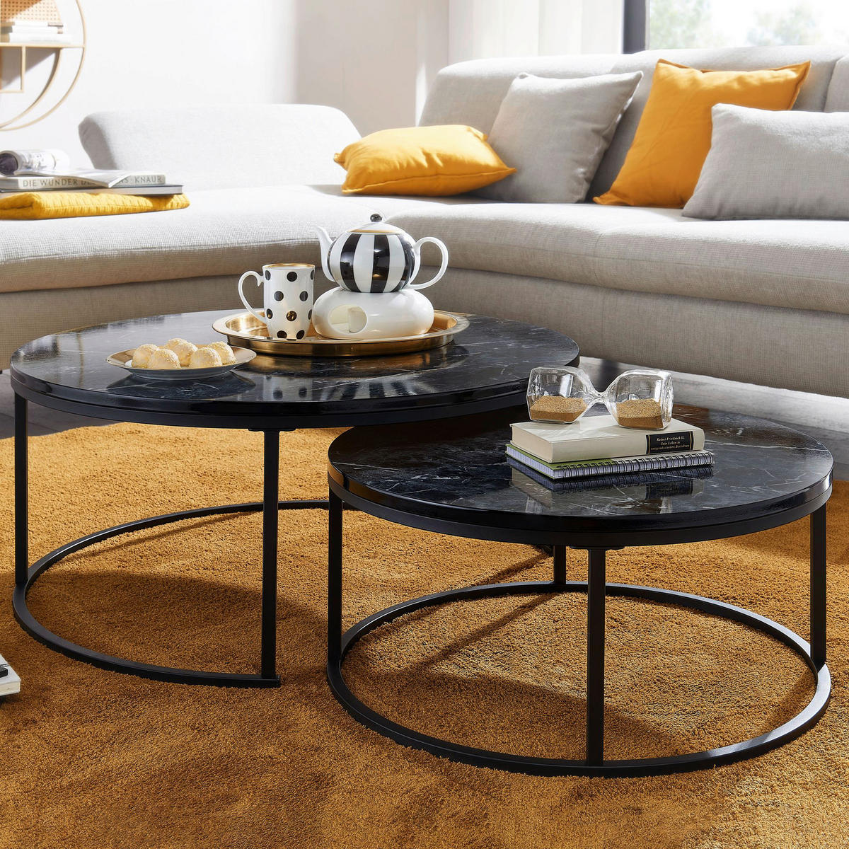 Couchtisch 2er-Set schwarz Marmor Optik schwarz lackiert 2er-Set - schwarz - Wohnling