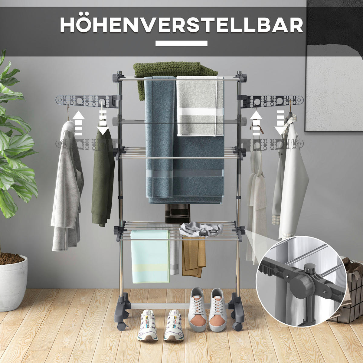 HOMCOM Wäscheständer grau Edelstahl B/H/L: ca. 55x142x152 cm Trockenständer - grau (152,00/55,00/142,00cm) - HOMCOM