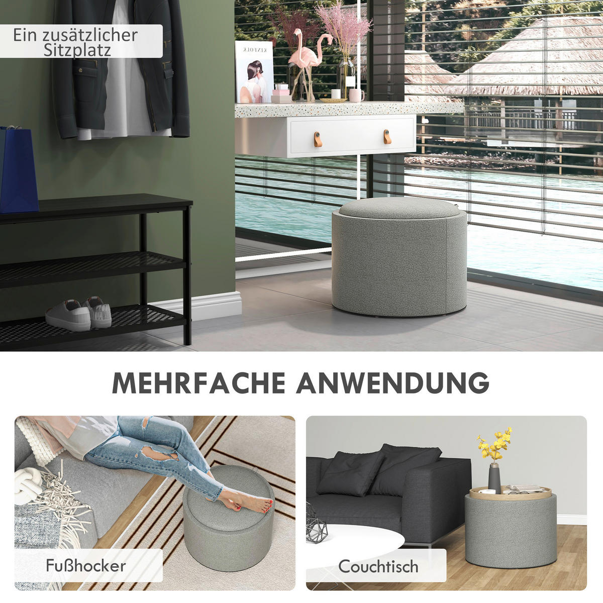 HOMCOM Hocker grau B/H/L: ca. 56x56x42 cm Polsterhocker - grau (42,00/56,00/56,00cm) - HOMCOM
