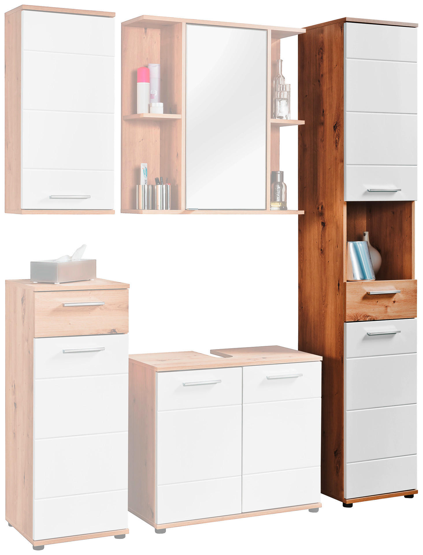 Badhochschrank Bergen Eiche Artisan Nachbildung weiß Hochglanz B/H/T: ca. 35x195x35 cm Bergen - Eiche/weiß (35,00/195,00/35,00cm)