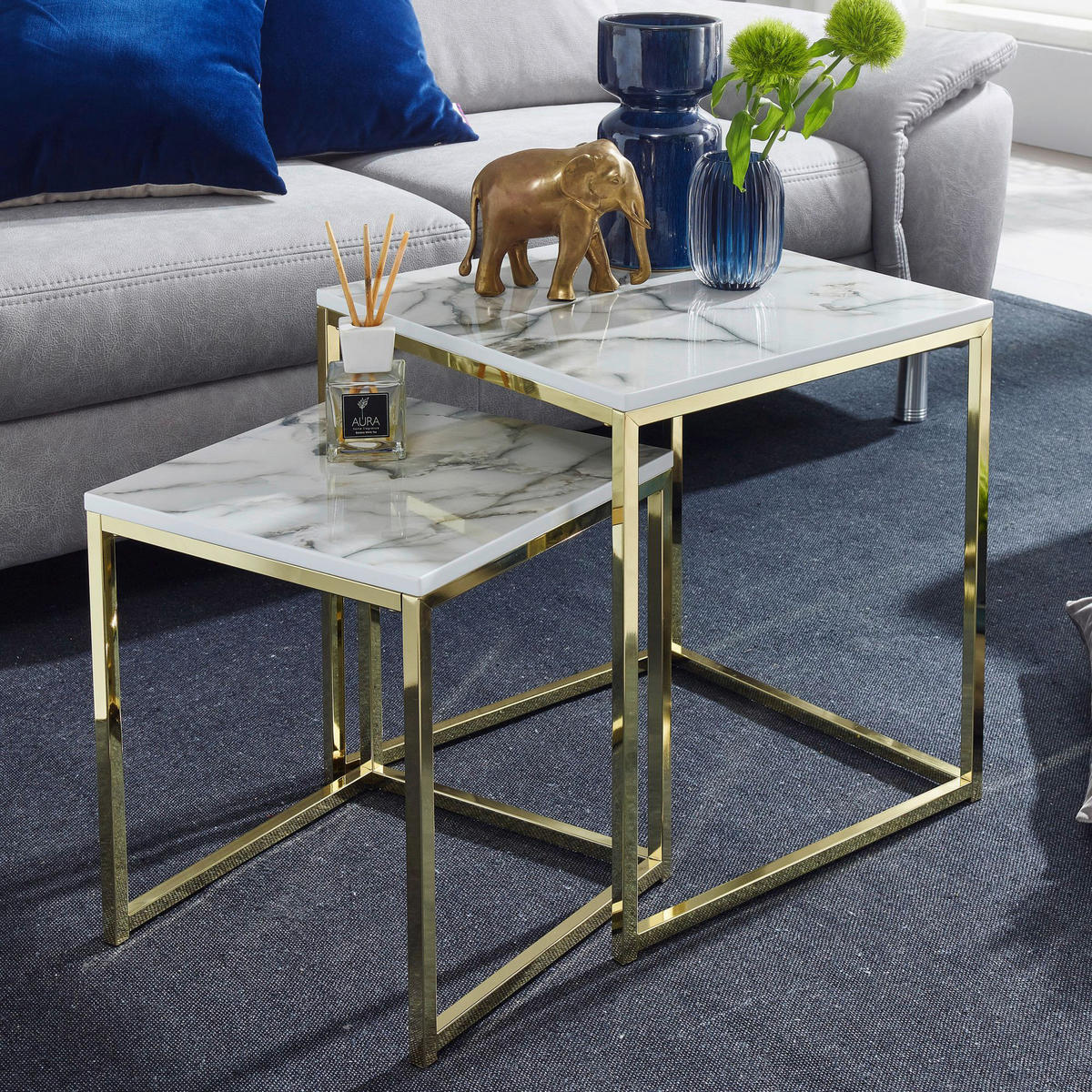 Couchtisch 2er-Set. weiß Marmor Optik gold 2er-Set. - gold/weiß - Wohnling