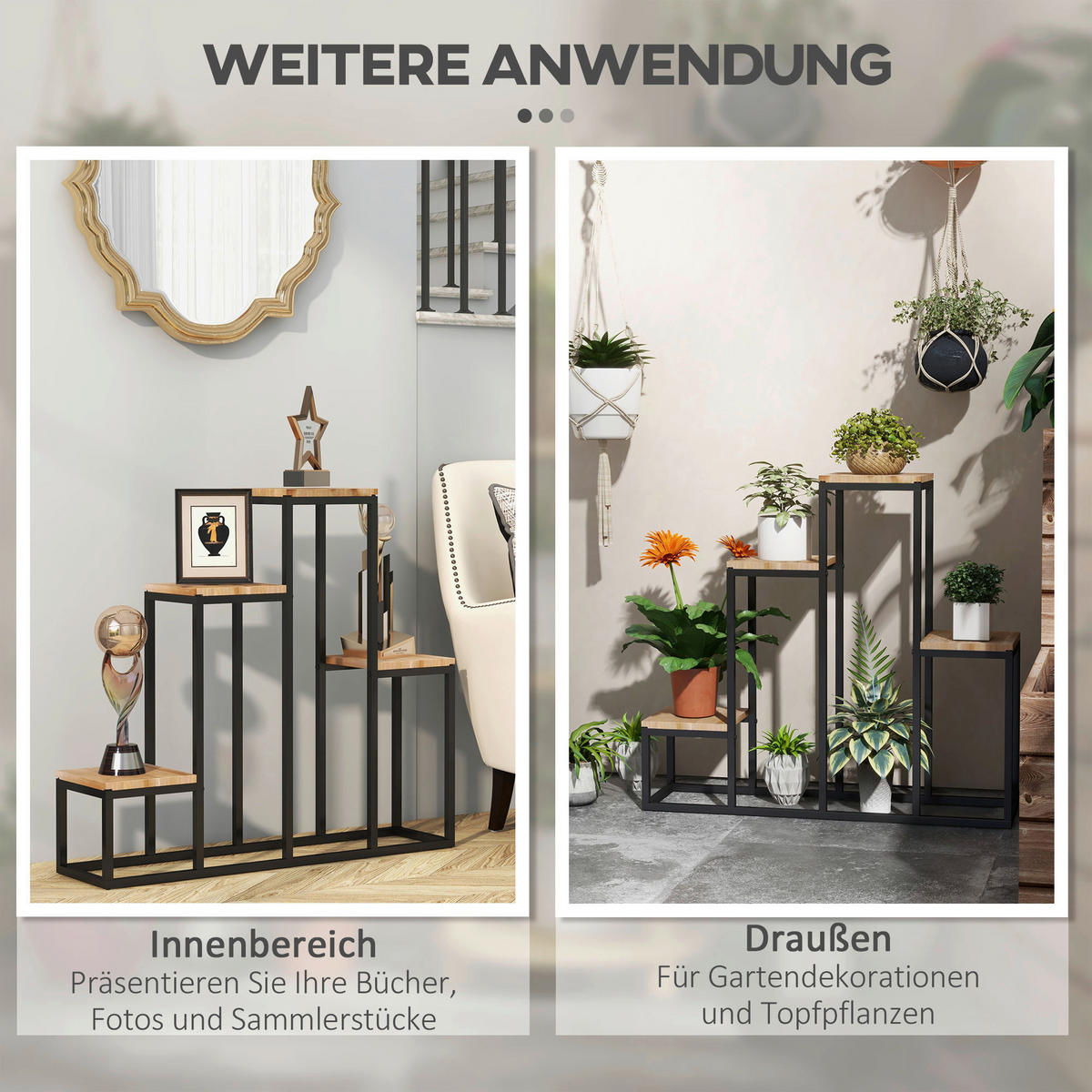 Outsunny Blumenregal hellbraun Holz B/H/L: ca. 20x74x80 cm Blumenregal - hellbraun/schwarz (80,00/20,00/74,00cm) - Outsunny