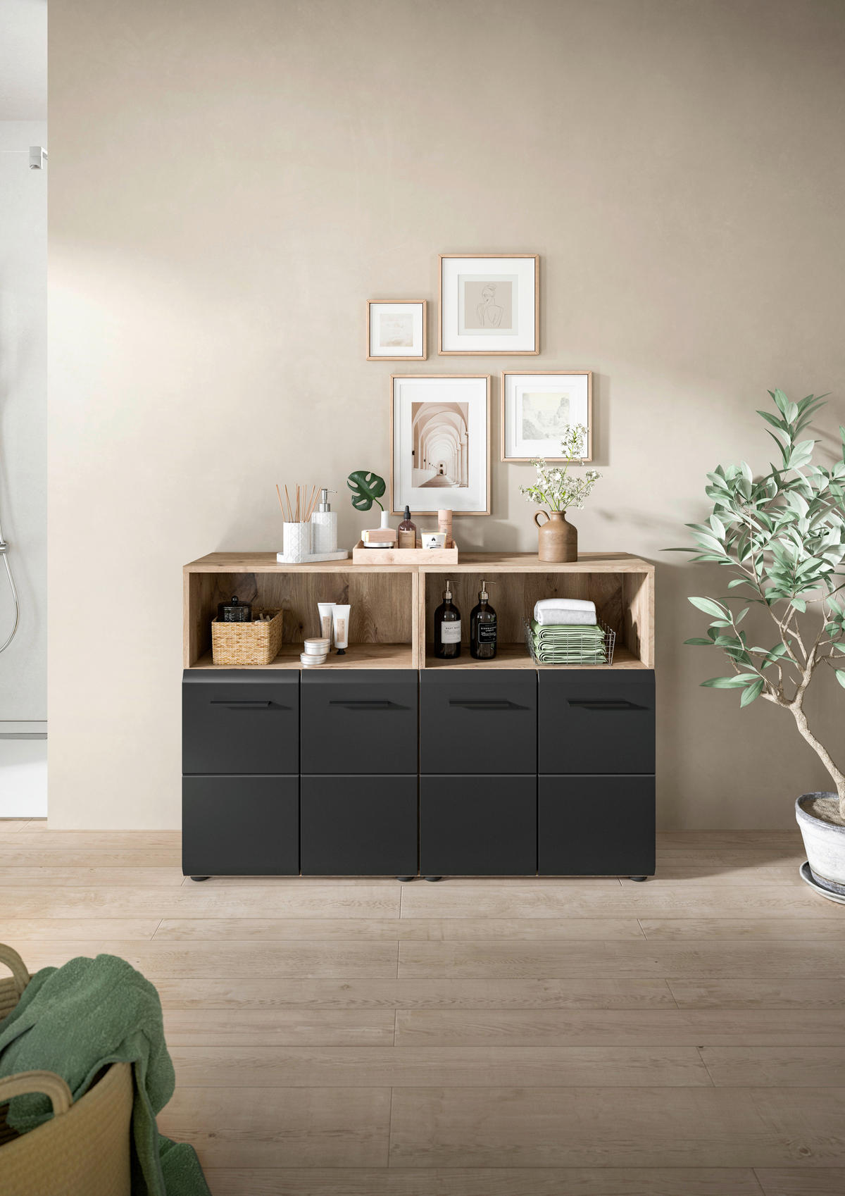 Badezimmer-Set Ice Nox Oak Nachbildung schwarz matt B/H/T: ca. 120x80x30 cm Ice - schwarz (120,00/80,00/30,00cm) - xonox.home