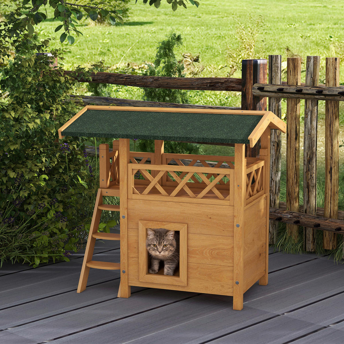 PawHut Katzen-Zubehör grün Edelstahl B/H/L: ca. 50x77x73 cm Katzenhaus - natur/grün (73,00/50,00/77,00cm) - PawHut