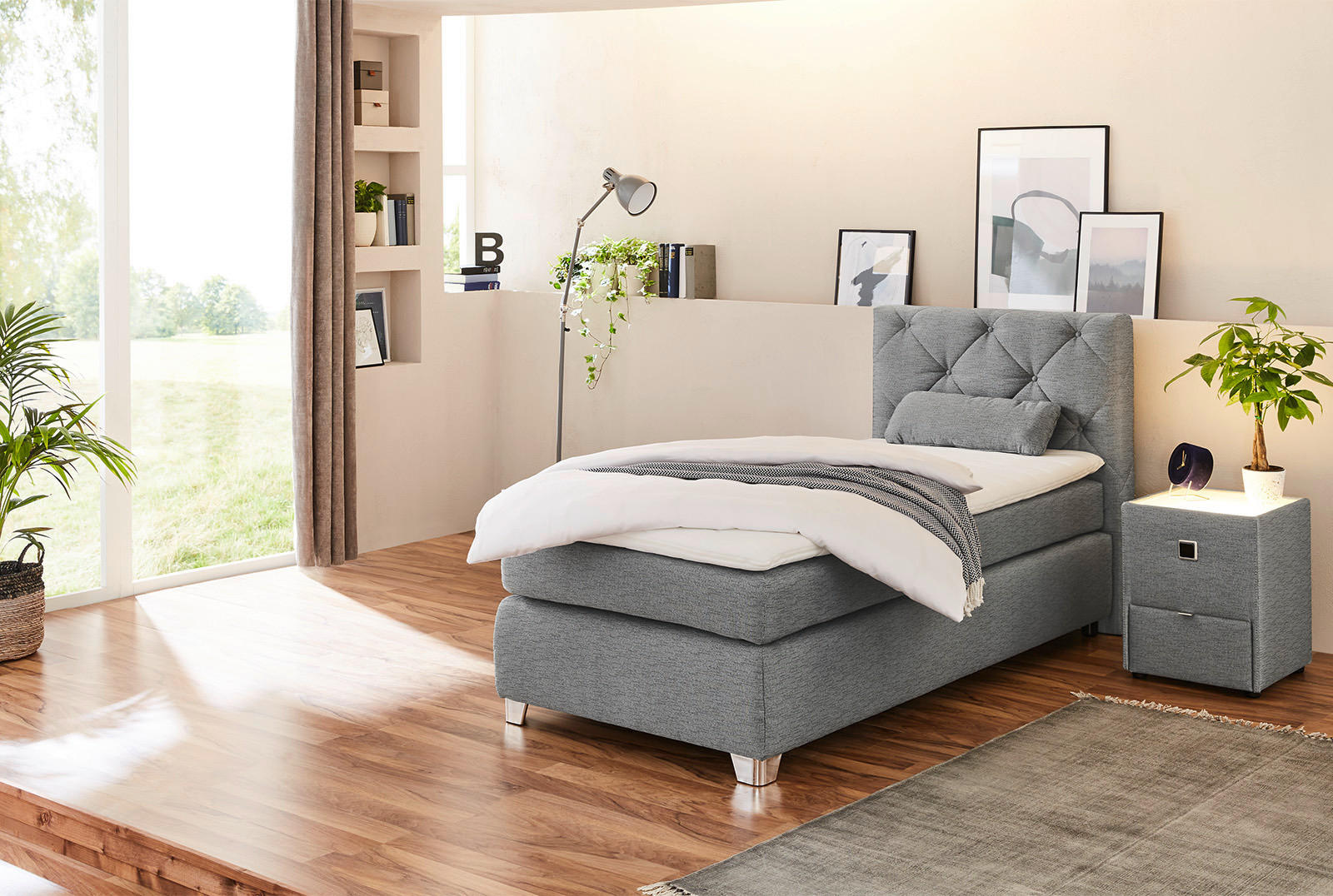 Boxspringbett  grau Flachgewebe Liegefläche B/L: ca. 90x200 cm Finja_H3_Boxspringbett - weiß/Chrom (99,00/106,00/213,00cm)