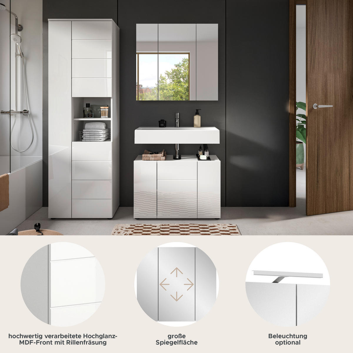 Badezimmer-Set VIRA weiß weiß Hochglanz B/H/T: ca. 157x190x34 cm VIRA - weiß (157,00/190,00/34,00cm) - xonox.home